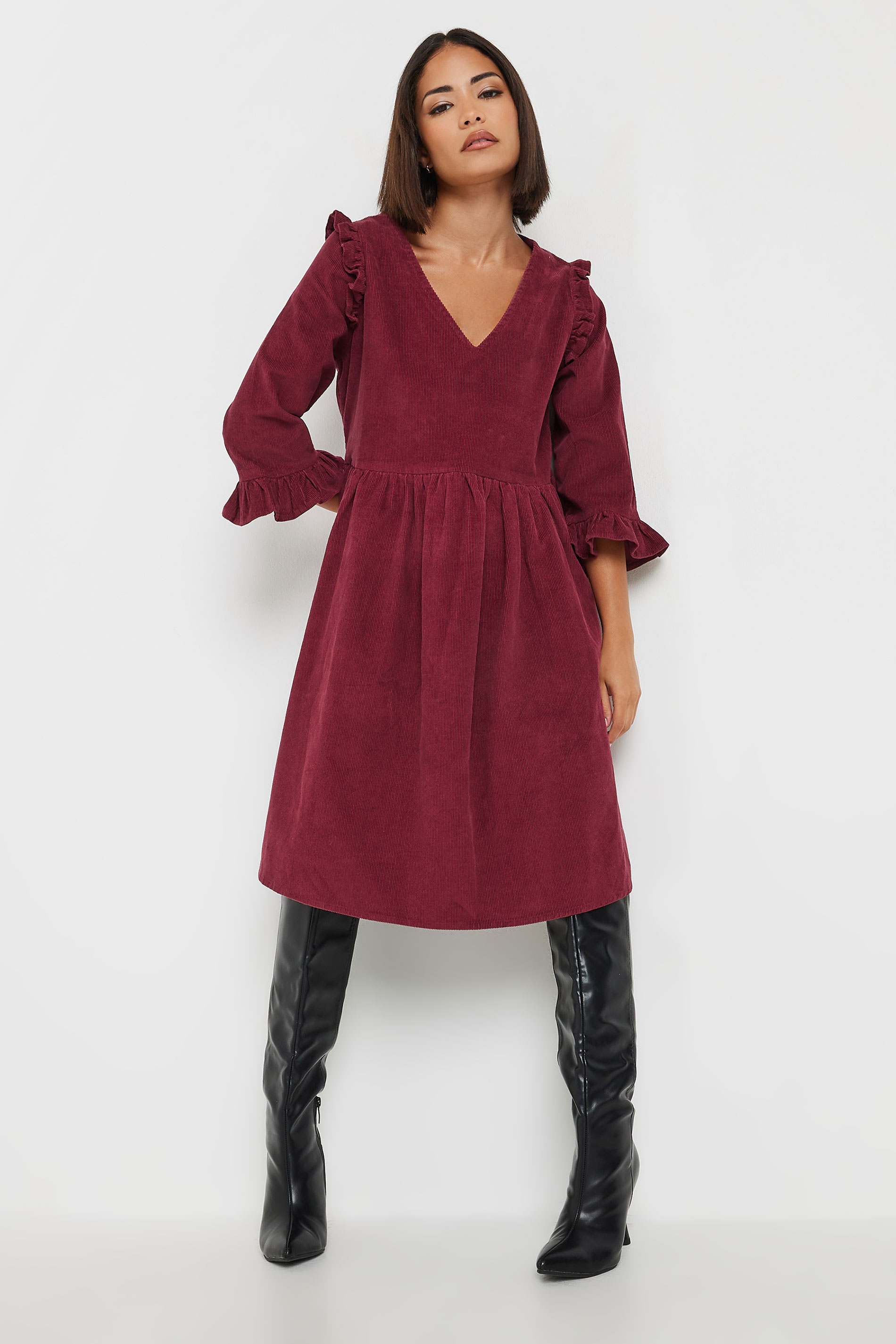 PixieGirl Petite Women's Burgundy Red Cord Detail Frill Smock Dress | PixieGirl 1