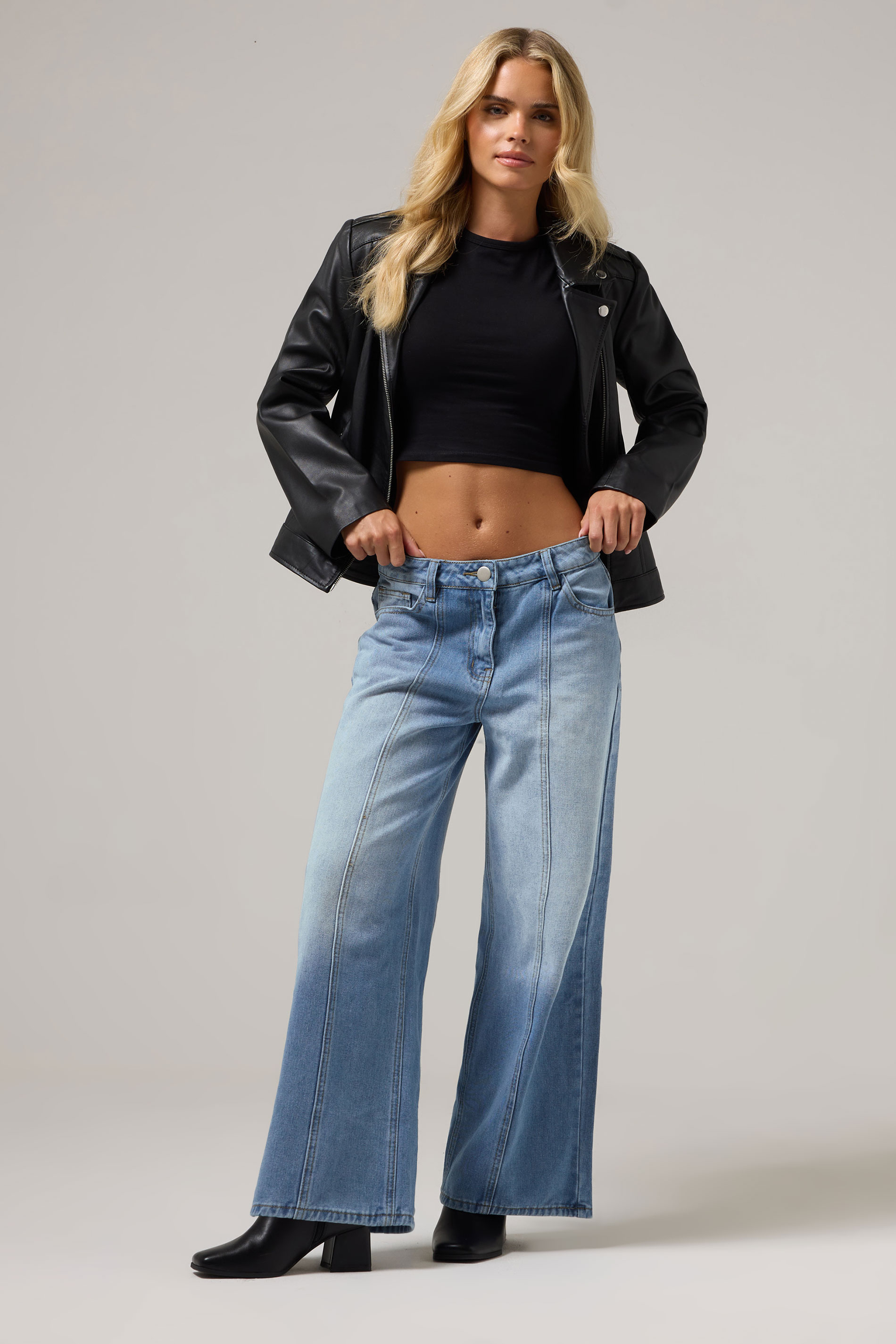 PixieGirl Petite Women's Blue Non-Stretch Seam Front Wide Leg Jeans | PixieGirl 2