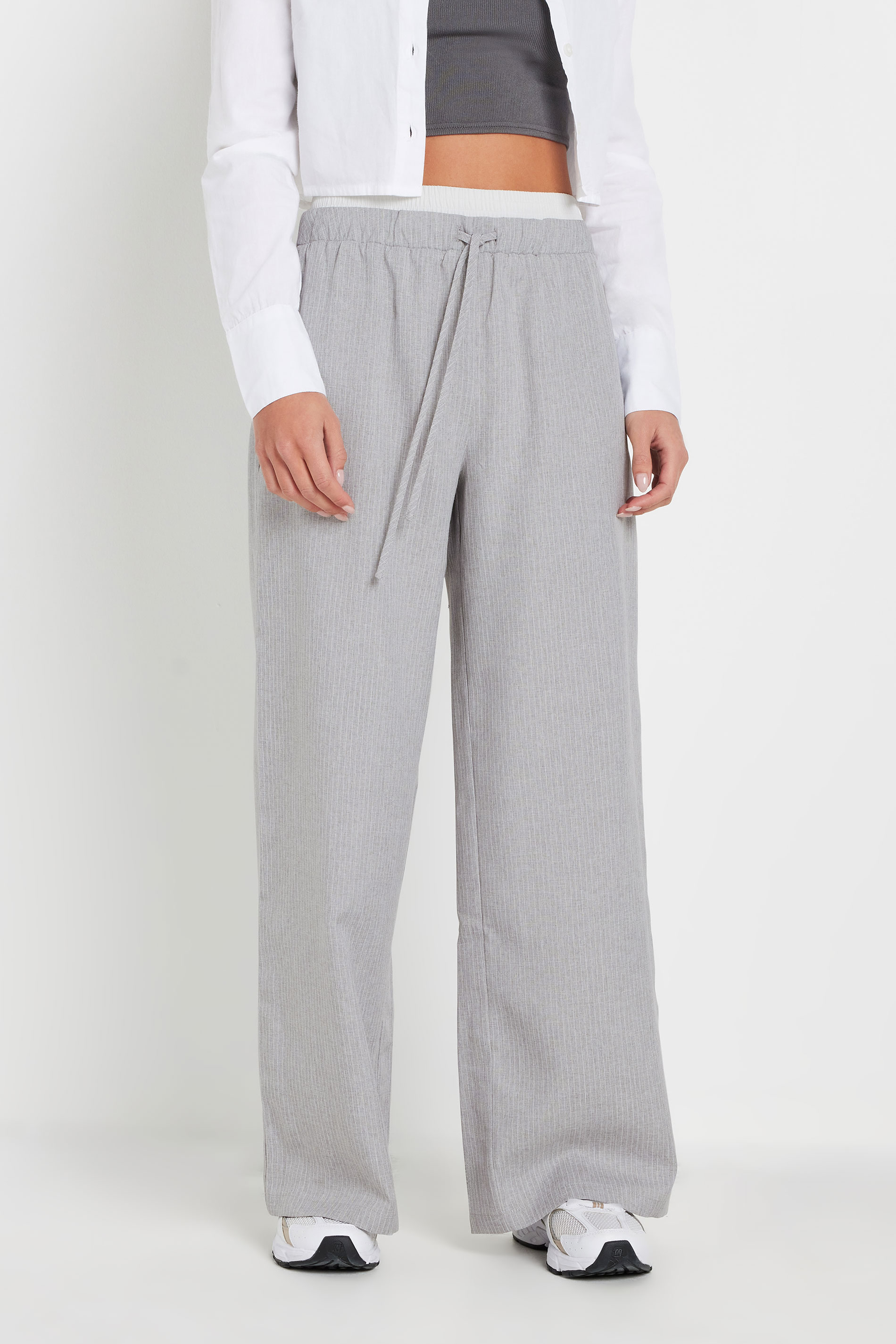 PixieGirl Petite Women's Light Grey Pinstripe Contrast Waist Trousers | PixieGirl 2