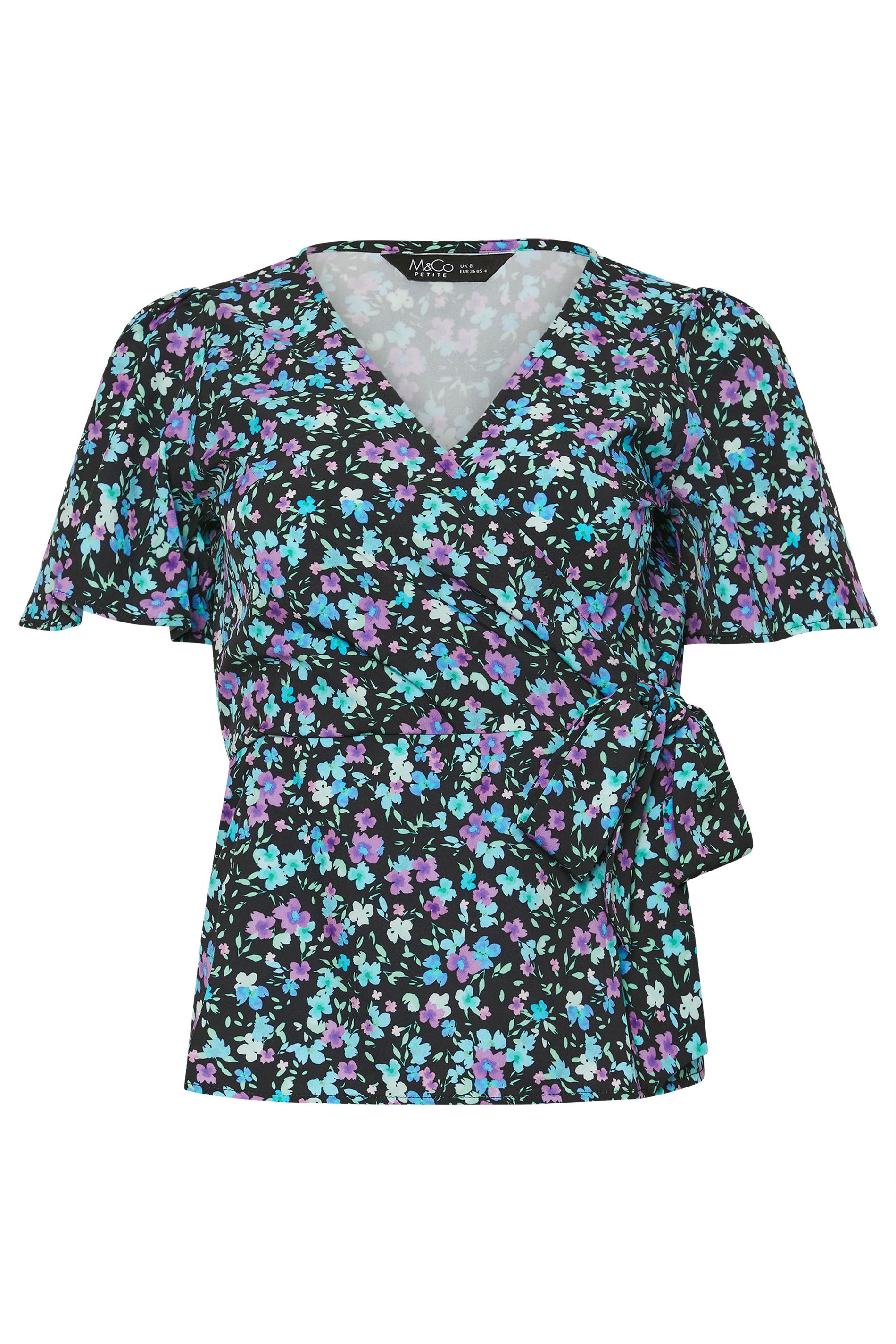 M&Co Petite Black Ditsy Print Wrap Blouse | M&Co 5