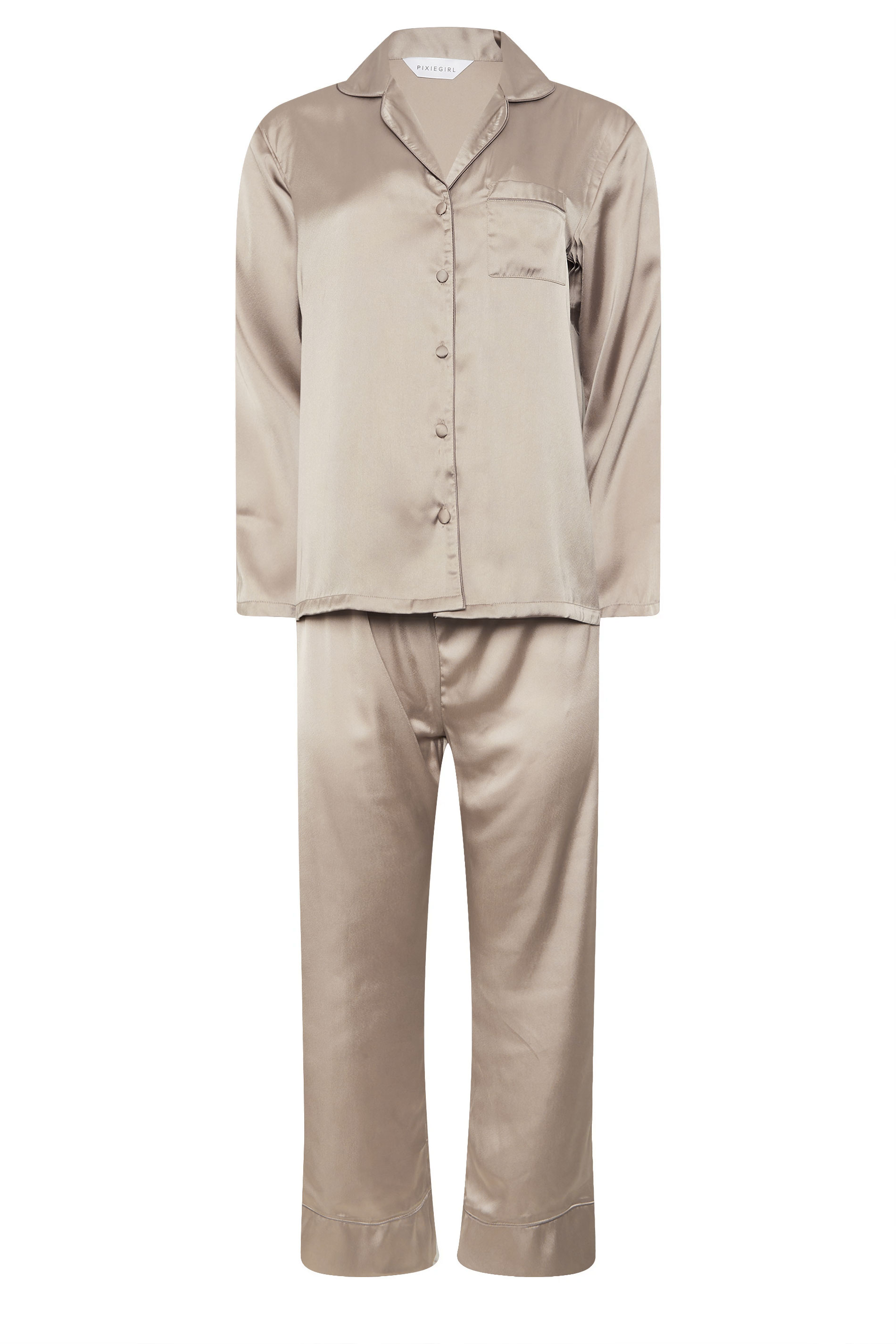 PixieGirl Petite Women's Natural Brown Satin Button Pyjama Set | PixieGirl 5