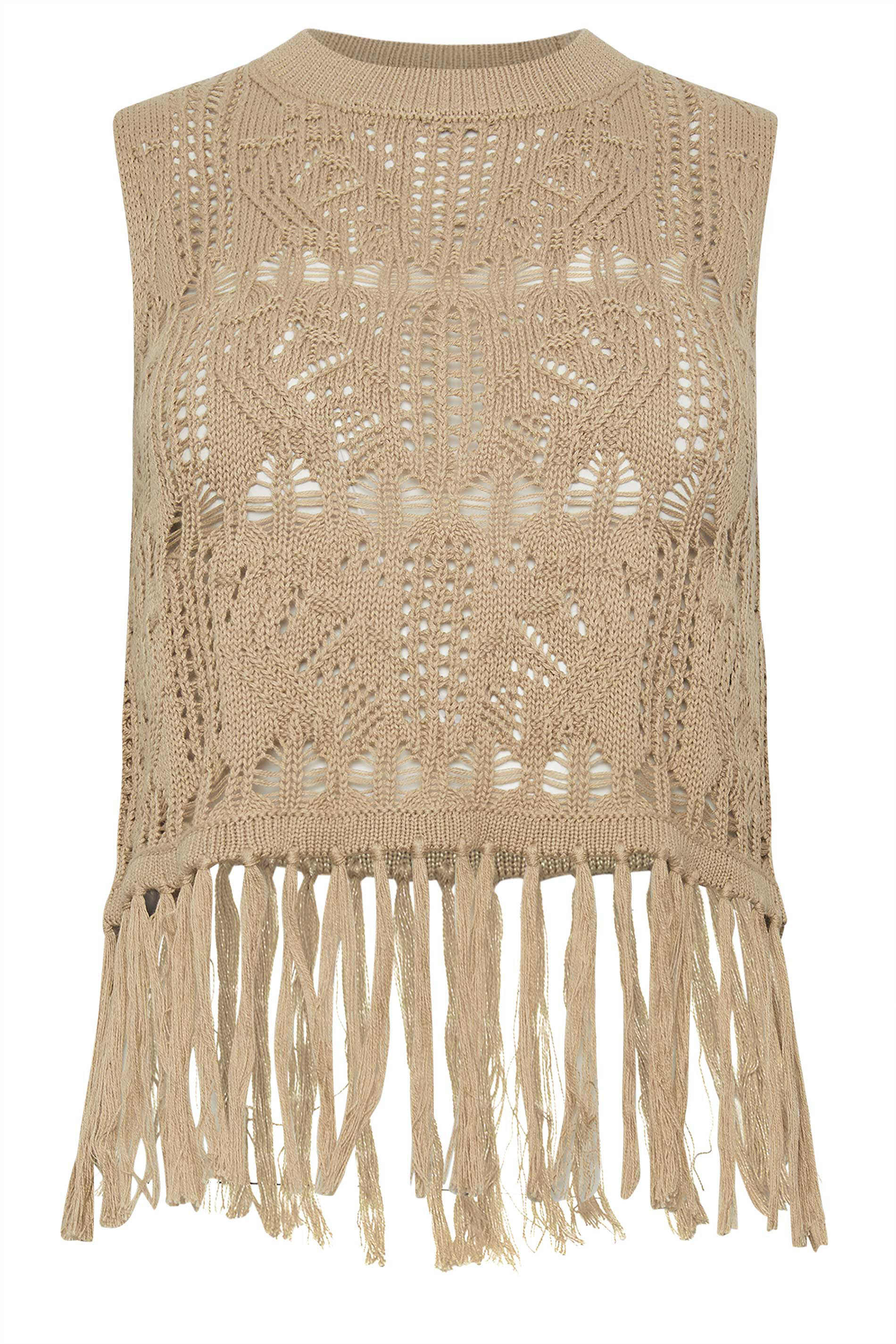 PixieGirl Petite Womens Beige Brown Crochet Tassel Vest Top | PixieGirl 6