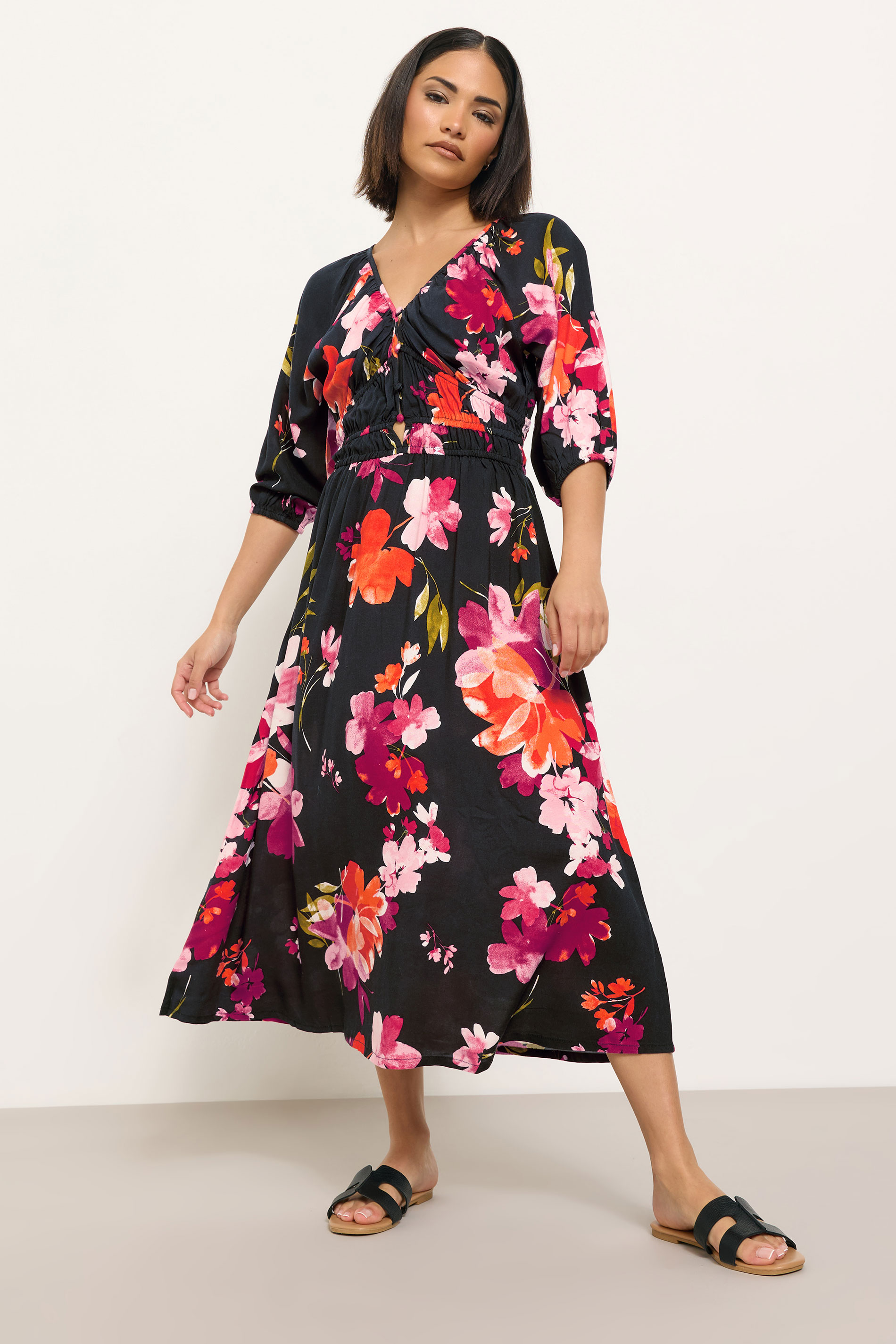 PixieGirl Petite Women's Red Floral Print Tea Midaxi Dress | PixieGirl 1