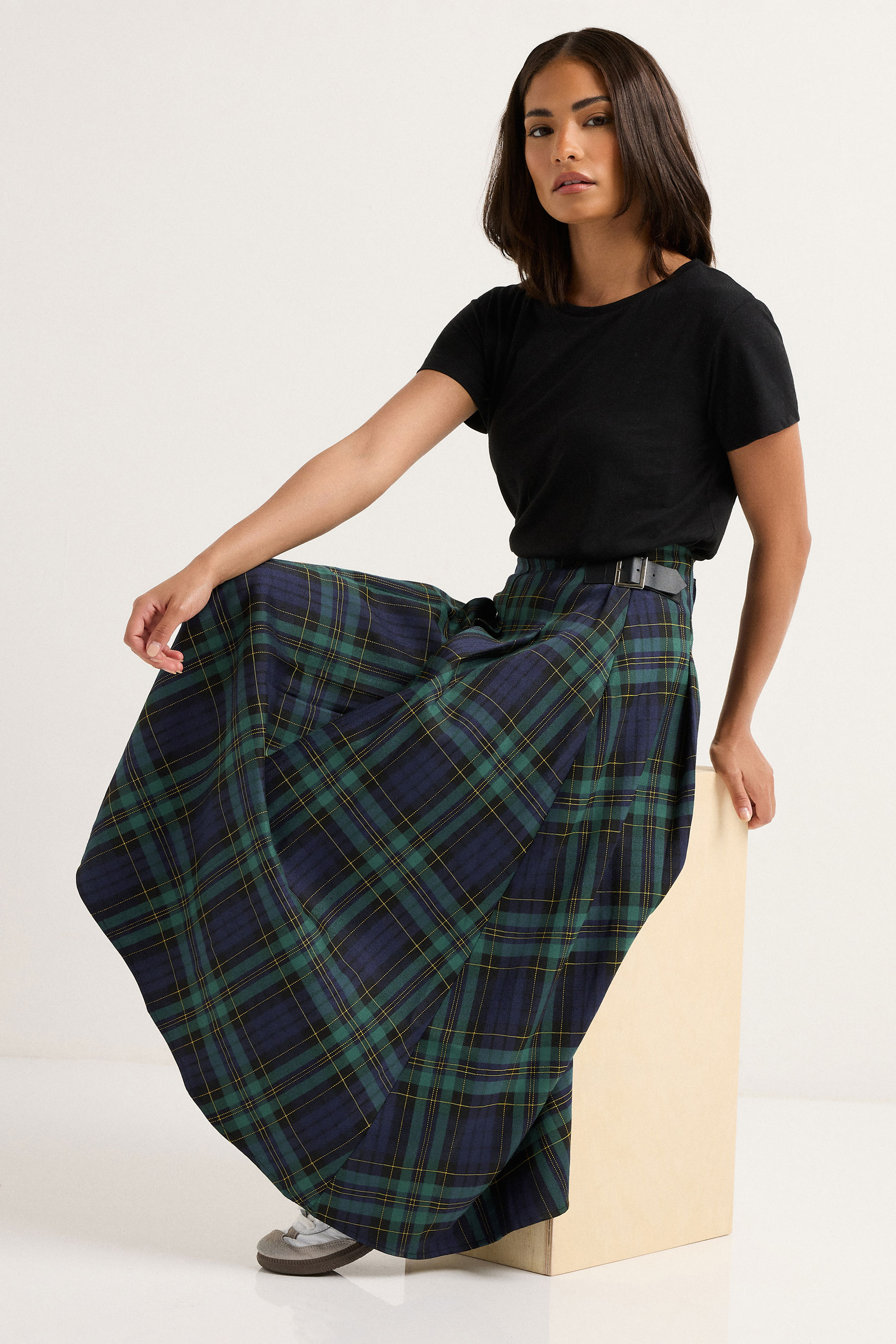 PixieGirl Petite Women's Blue & Green Check Buckle Midi Skirt | PixieGirl 3