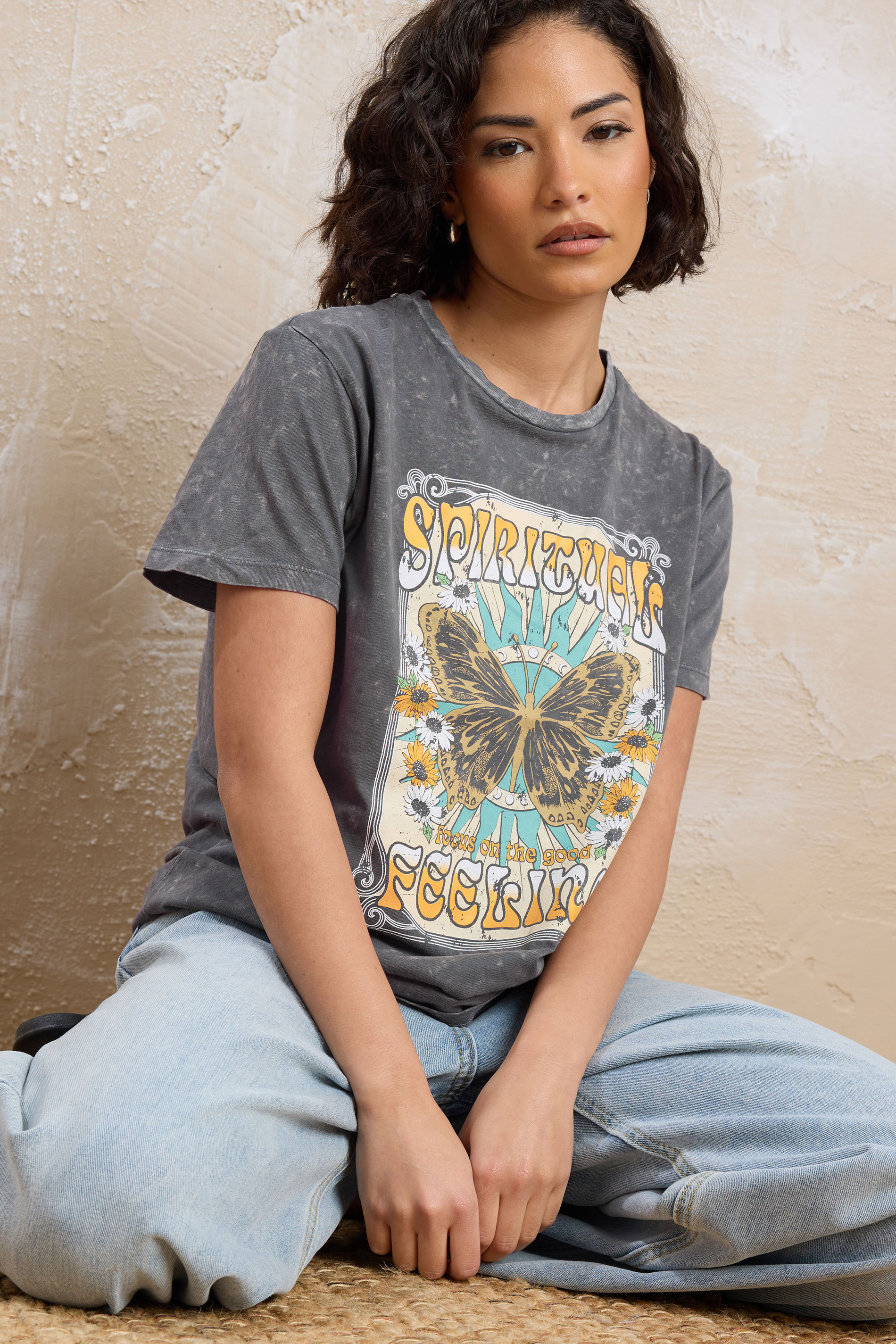 PixieGirl Petite Women's Grey Acid Wash 'Spiritual Feeling' Slogan T-Shirt | PixieGirl 4