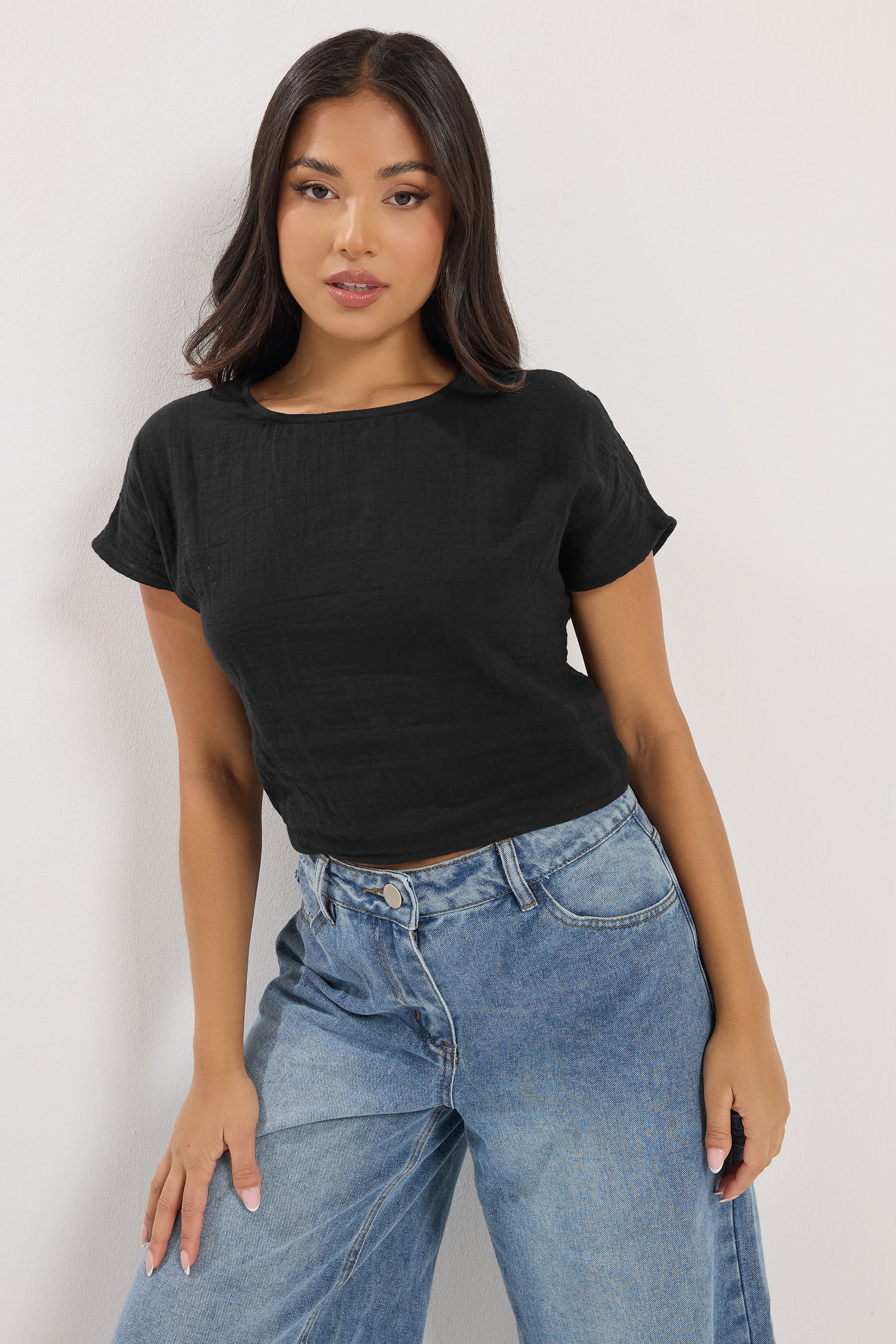 Pixiegirl Women's Black Petite Cotton Lace Up Cheesecloth Top Size 14