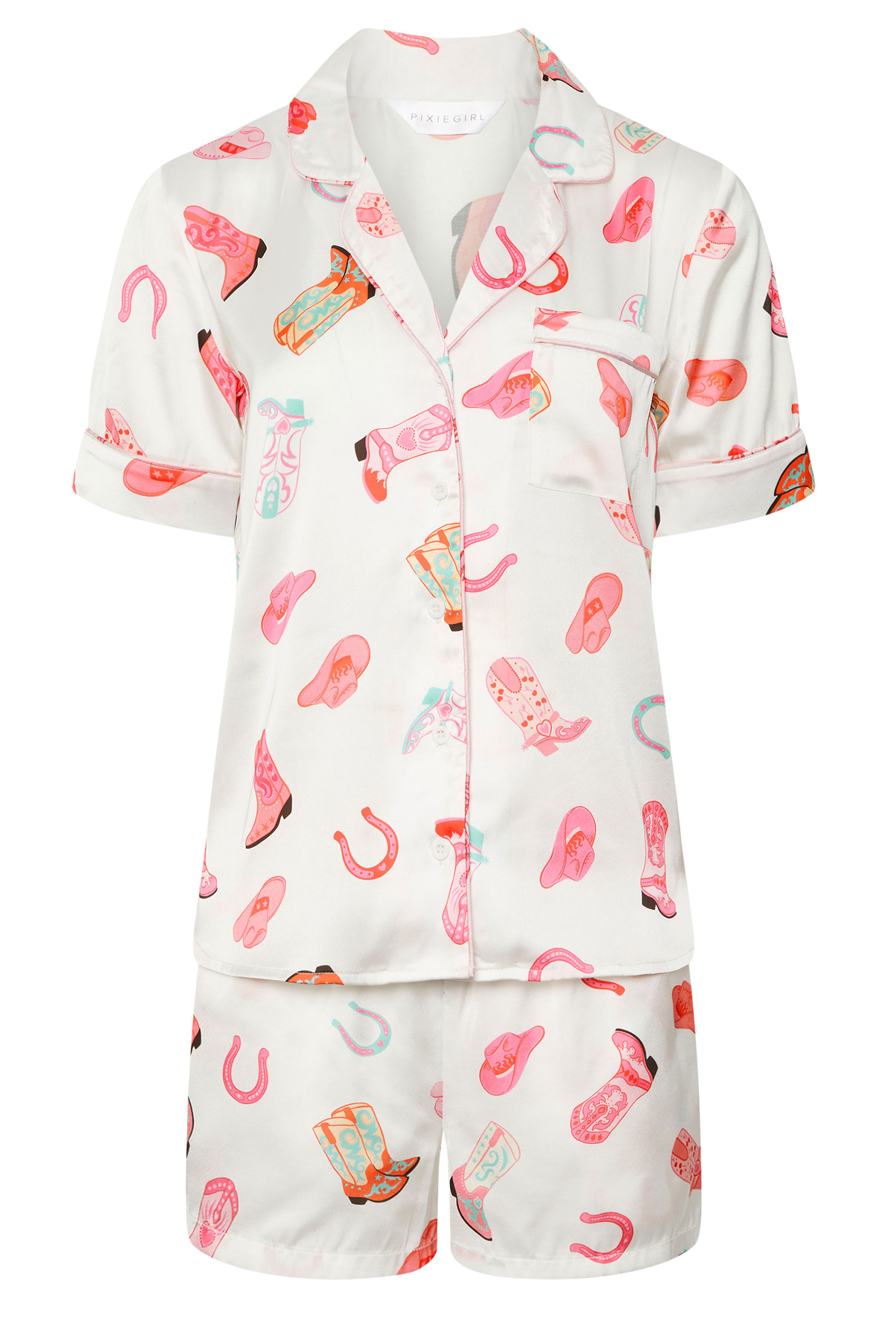 PixieGirl Petite Women's White Satin Cowboy Graphic Short Pyjama Set | PixieGirl 5