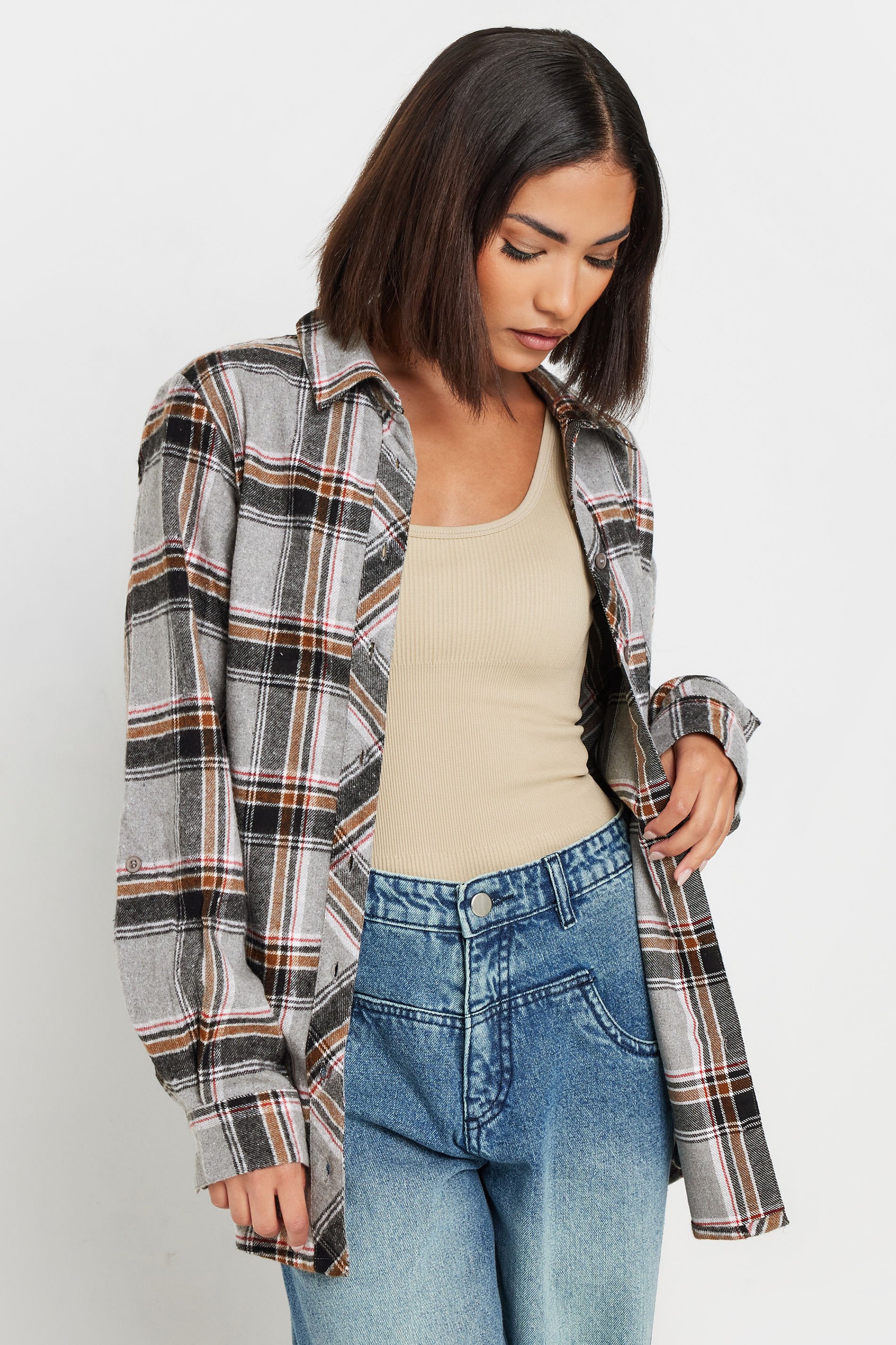 PixieGirl Grey & Orange Check Print Brushed Boyfriend Shirt | PixieGirl 1