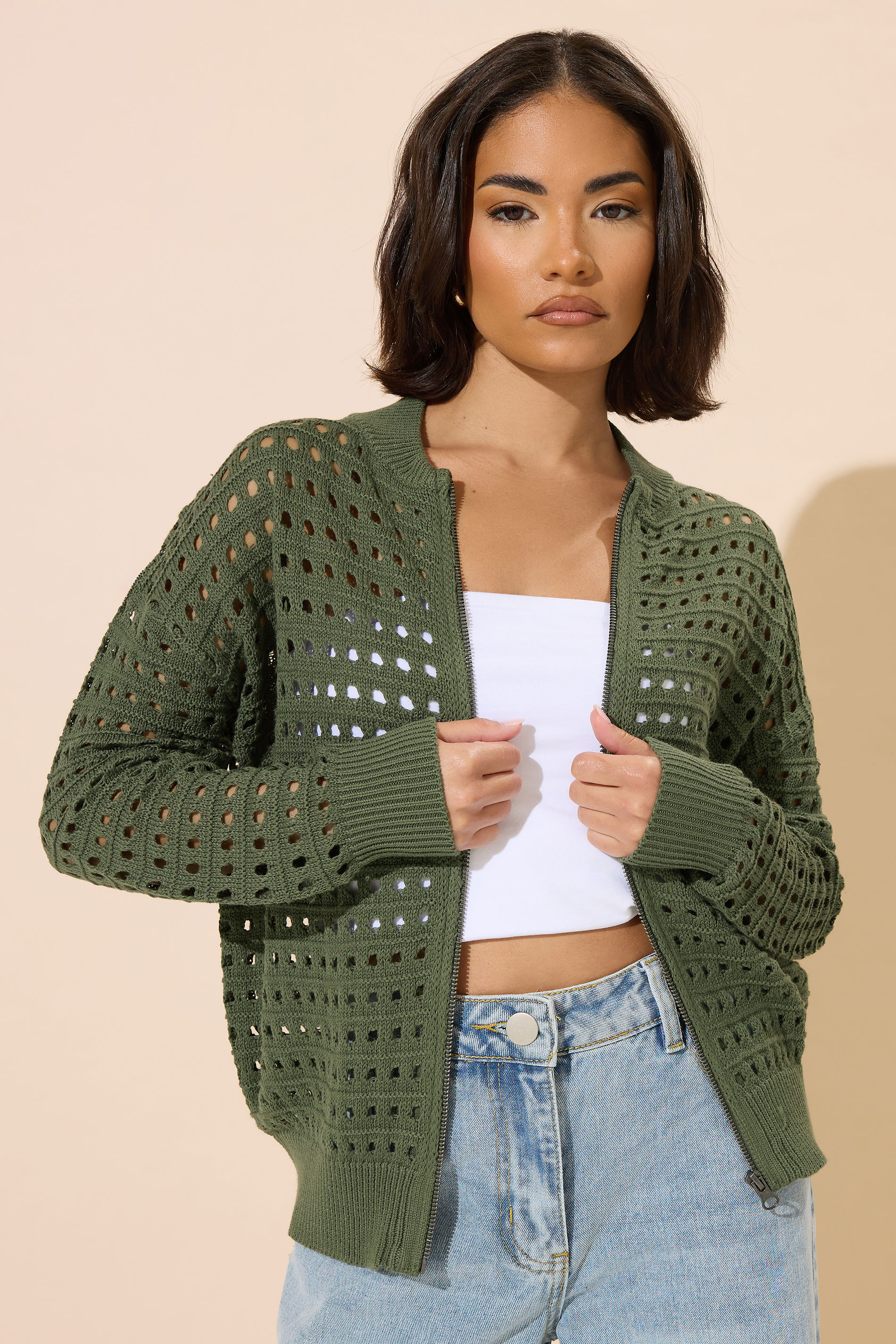 PixieGirl Petite Women's Khaki Green Crochet Knit Bomber Jacket | PixieGirl 1