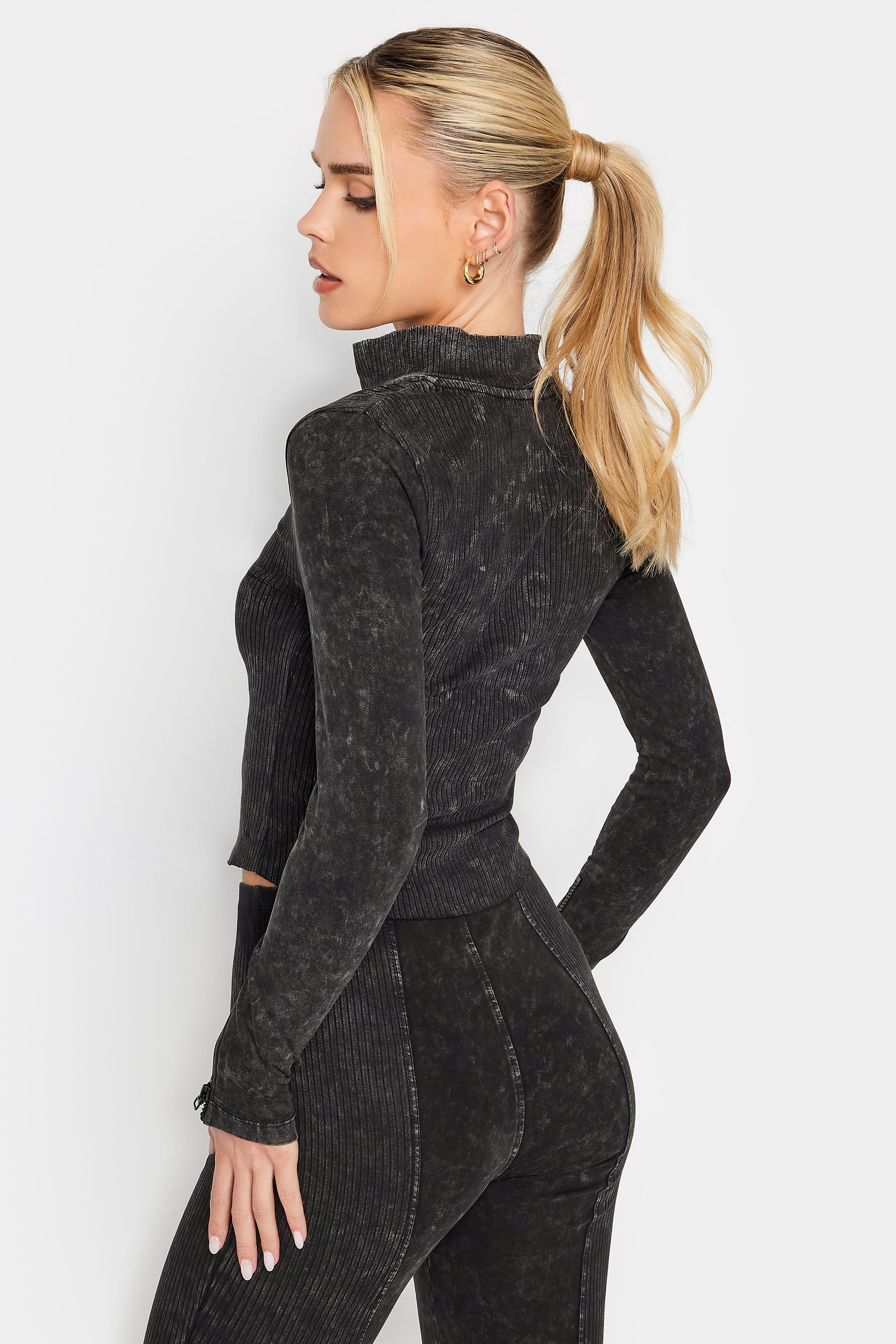 PixieGirl Petite Womens Black Acid Wash Zip Up Long Sleeve Top | PixieGirl  5