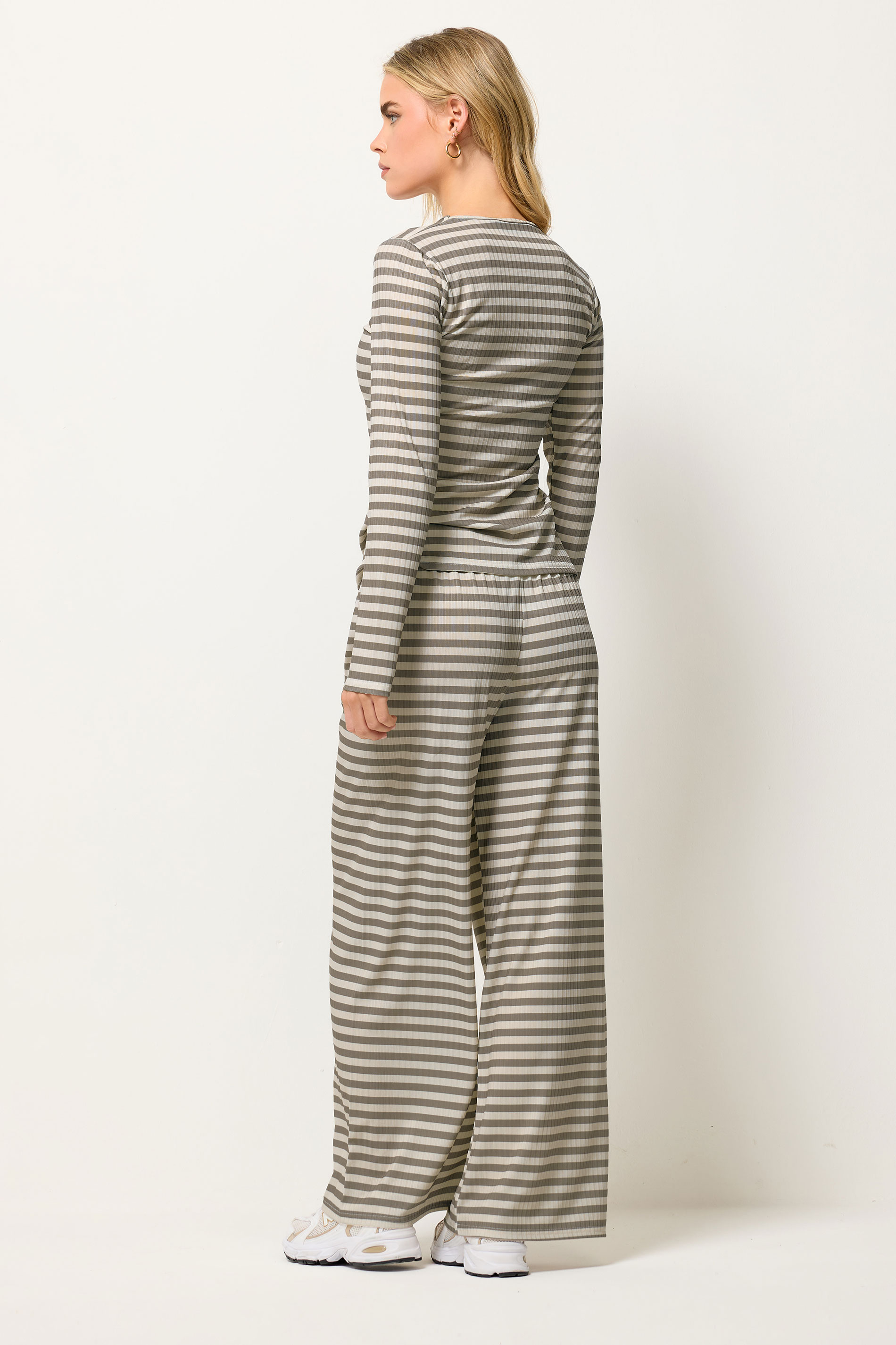 PixieGirl Petite Women's Cream Stripe T-Shirt & Wide Leg Trouser Set | PixieGirl  3