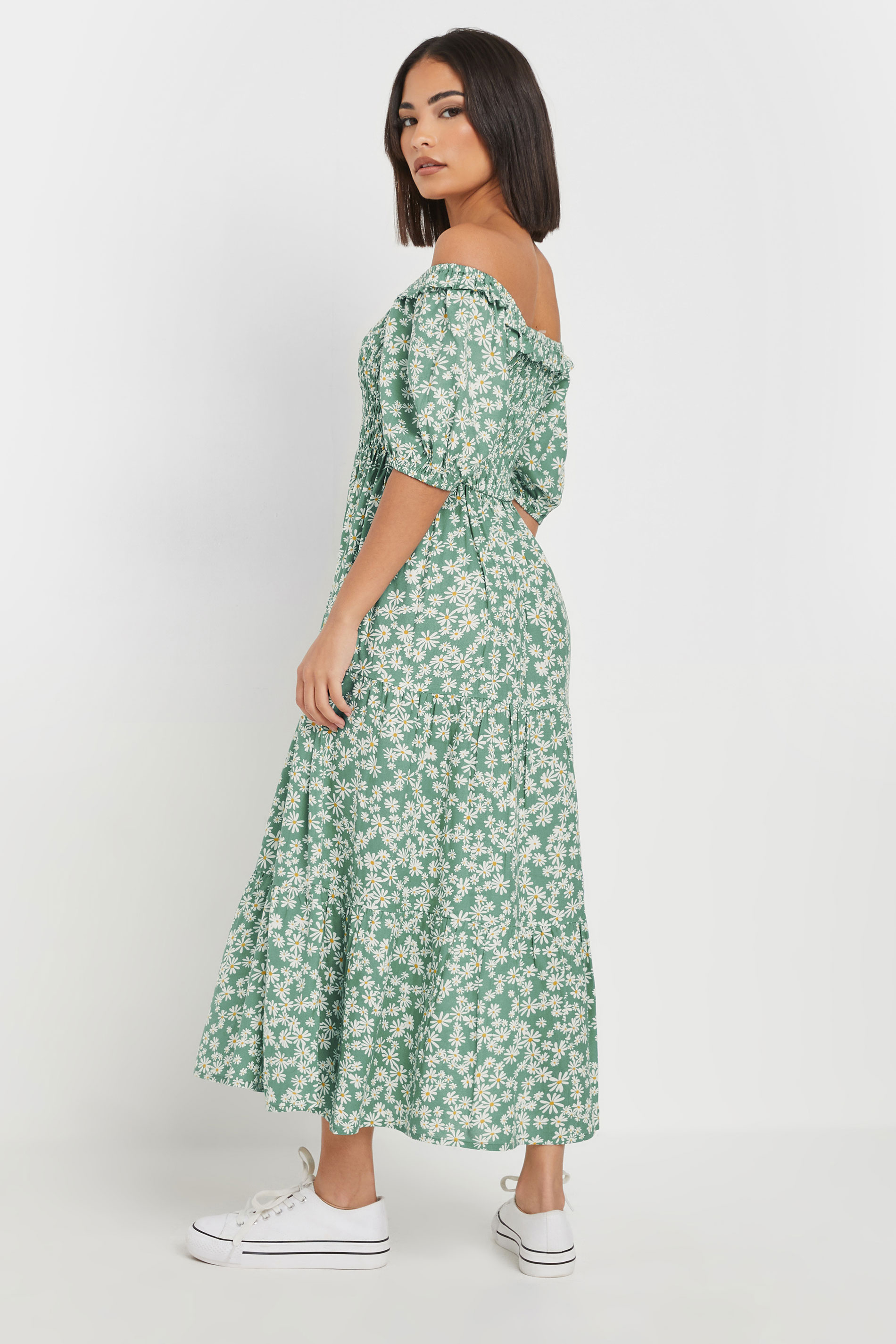 PixieGirl Petite Women's Green Daisy Tiered Bardot Dress | PixieGirl 3