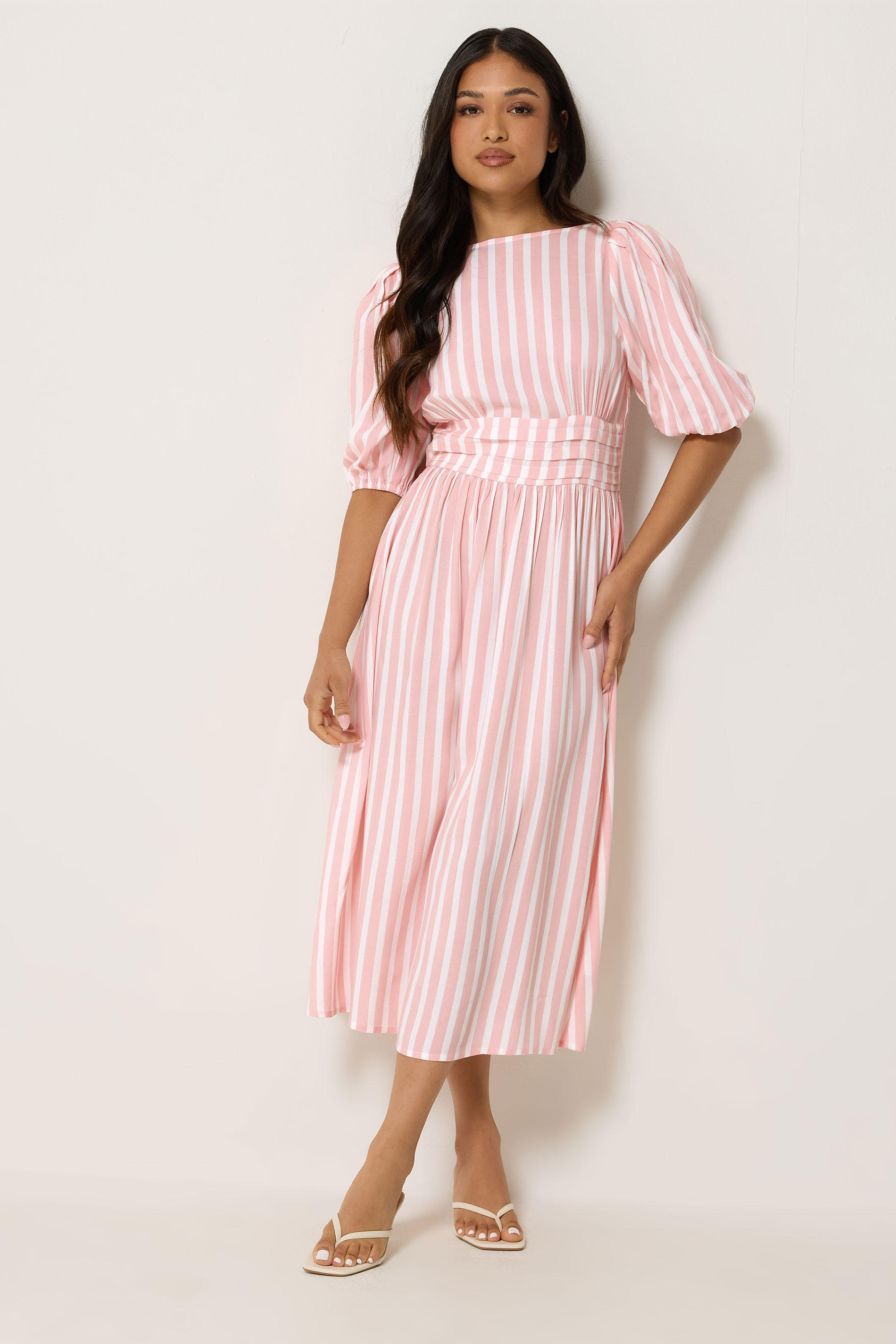 PixieGirl Petite Women's Pink Stripe Puff Sleeve Midi Dress | PixieGirl 1