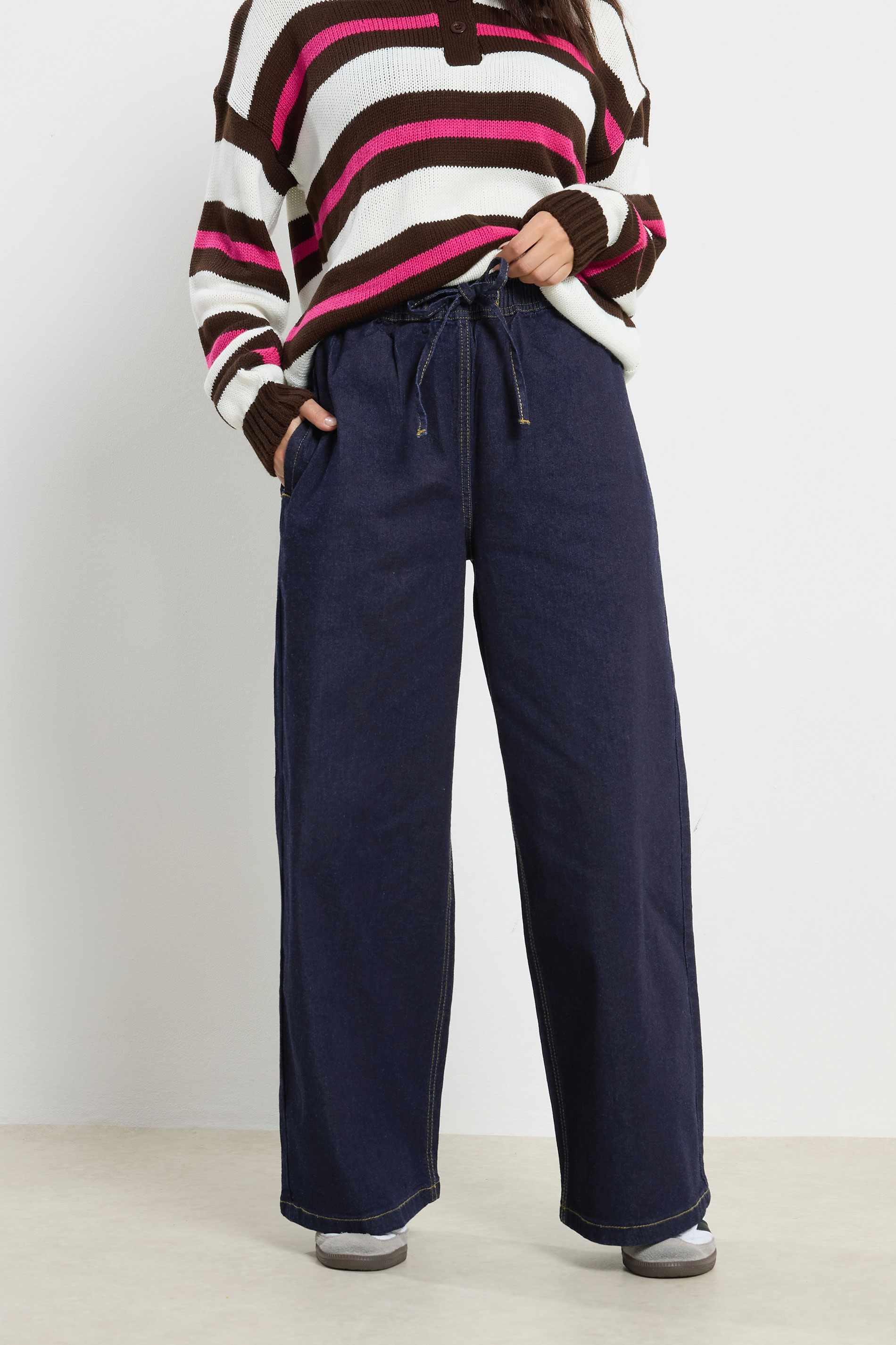 PixieGirl Petite Women's Dark Blue Belt Tie Wide Leg Jeans | PixieGirl  2