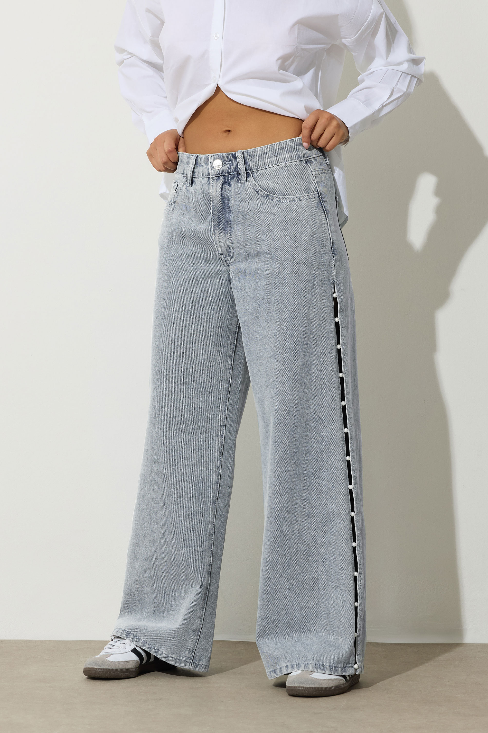 PixieGirl Petite Women's Light Blue Non-Stretch Pearl Detail Jeans | PixieGirl 2