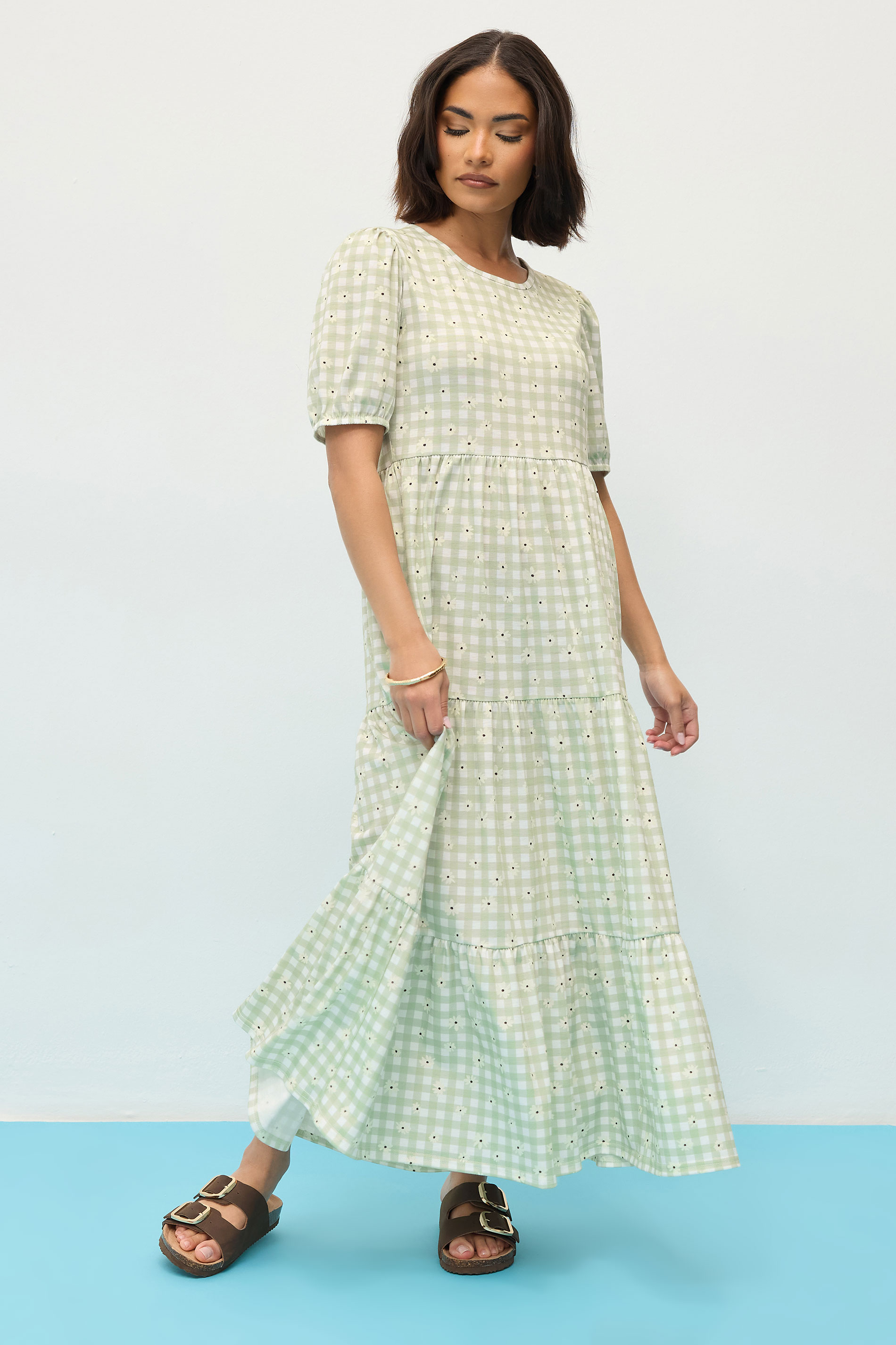 PixieGirl Petite Women's Sage Green Daisy Gingham Tiered Smock Dress | PixieGirl 2