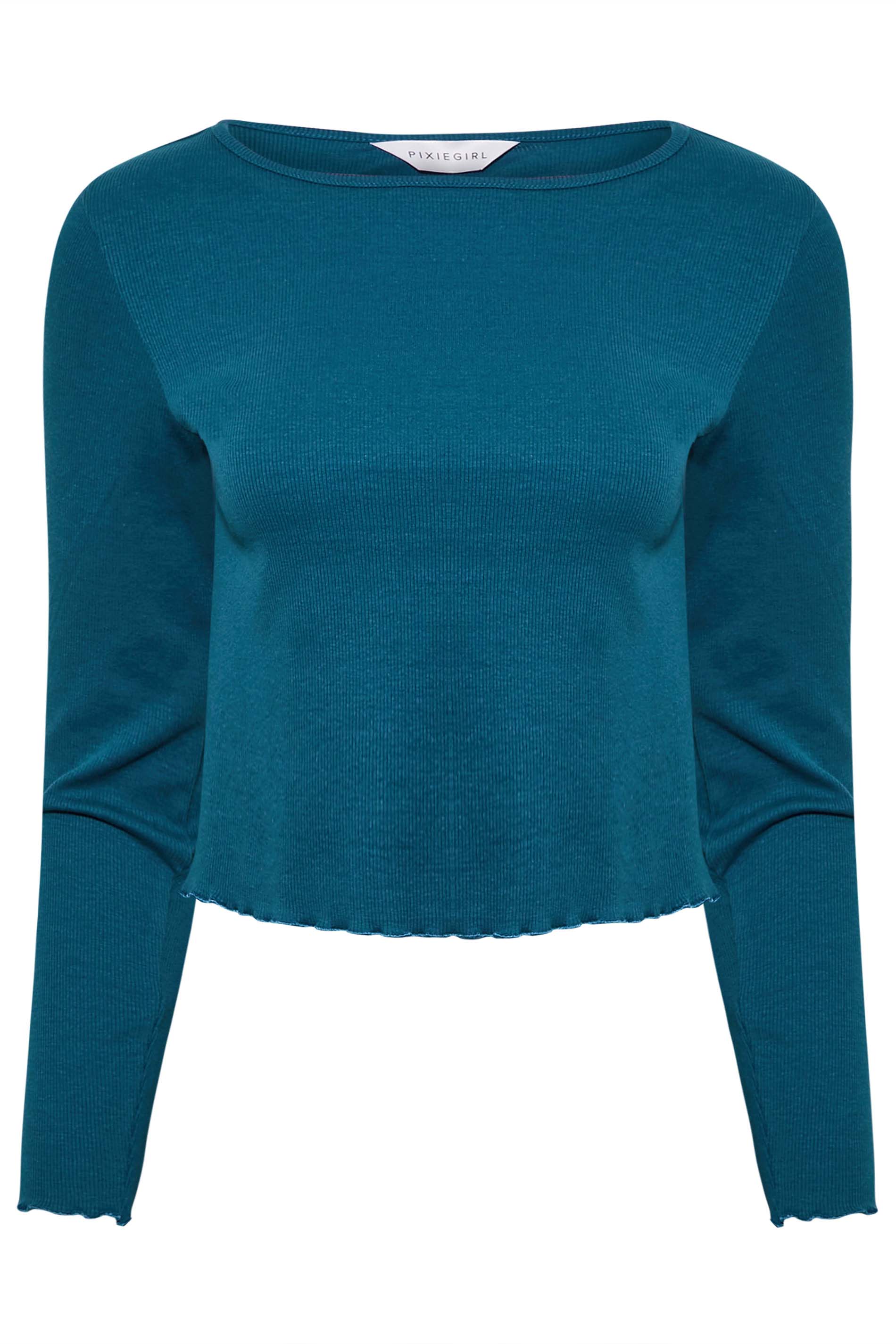 Petite Teal Blue Lettuce Hem Long Sleeve Top | PixieGirl 5