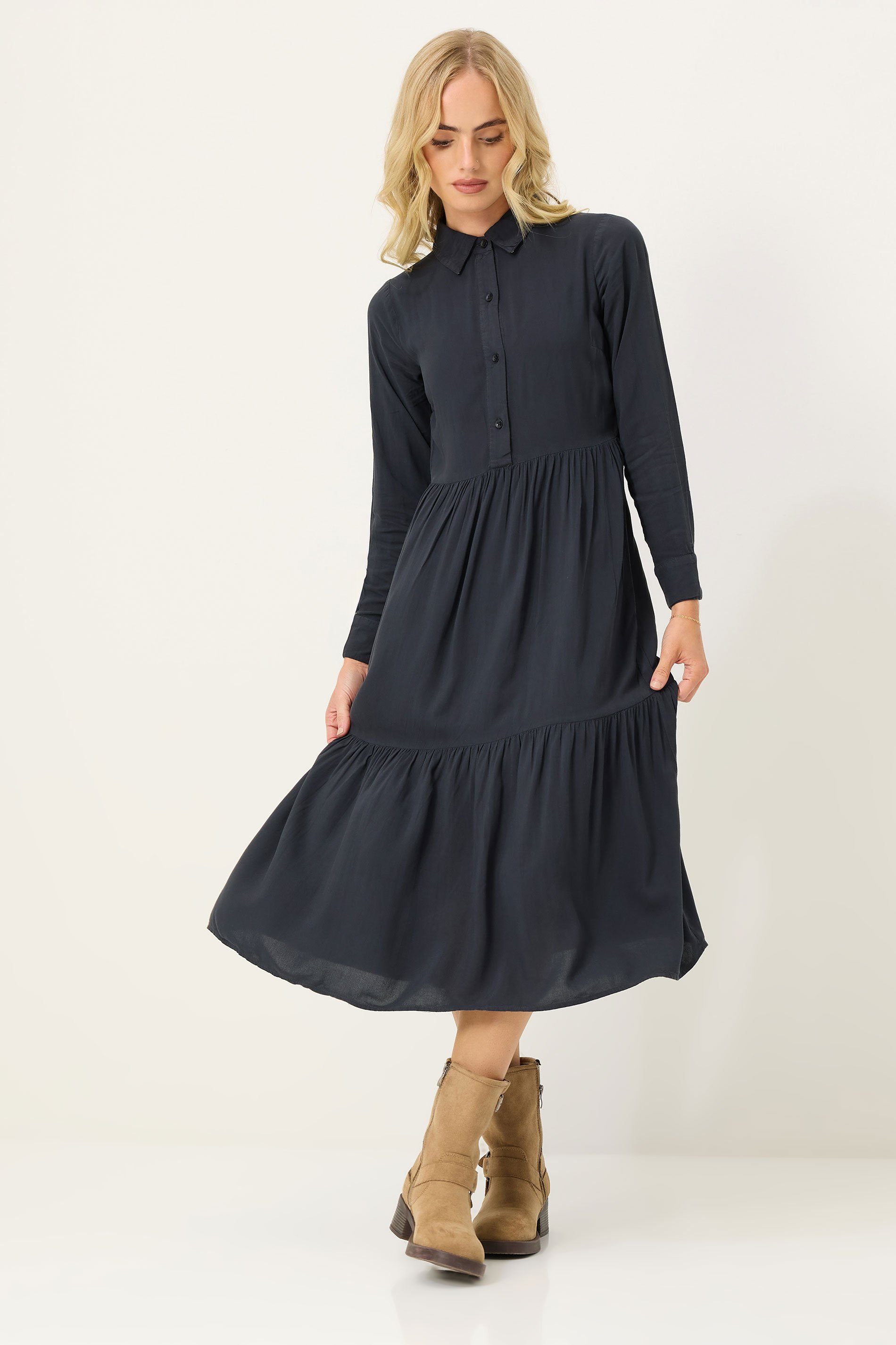 PixieGirl Petite Women Black Acid Wash Tiered Smock Dress | PixieGirl 1