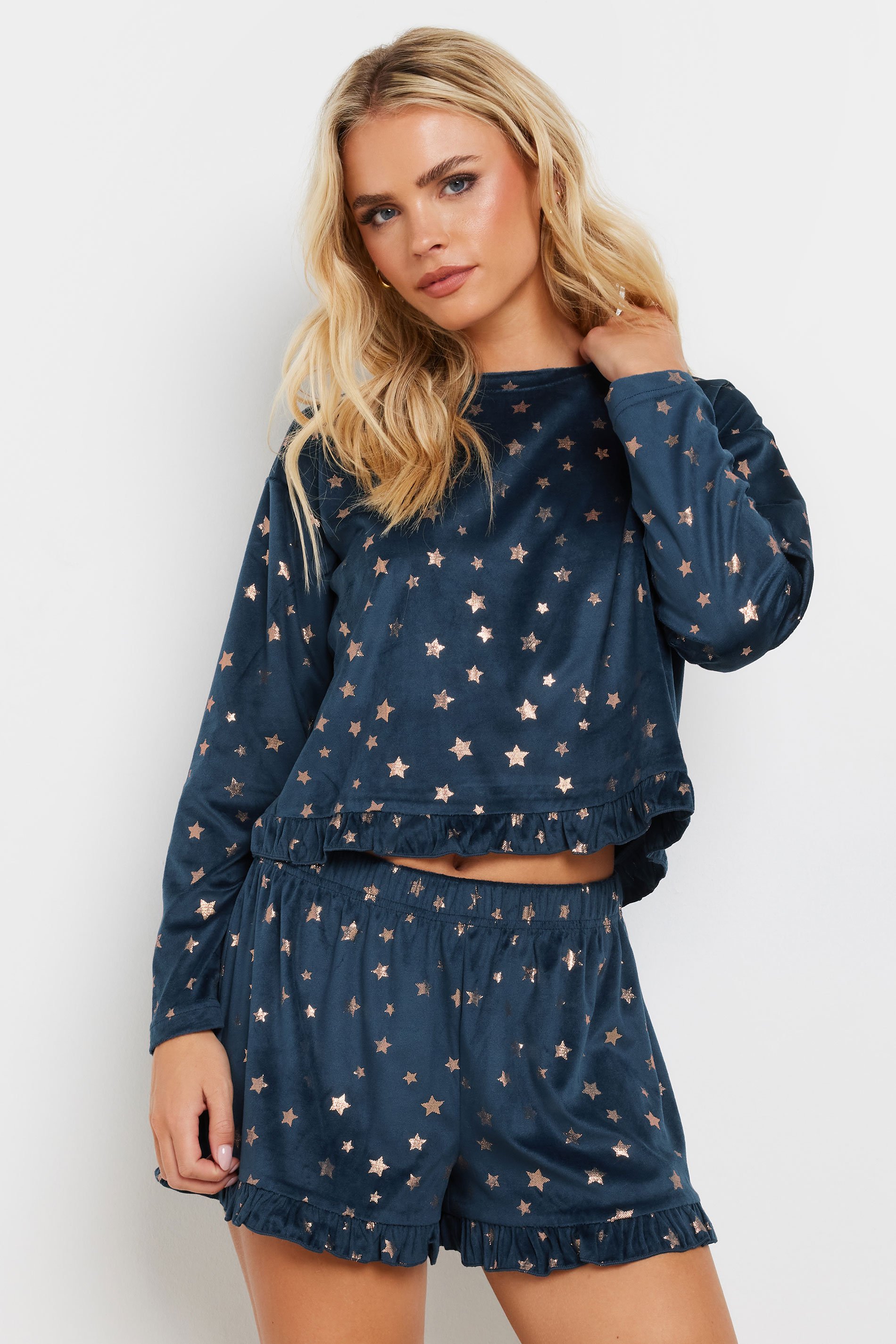 PixieGirl Petite Women's Navy Blue Luxe Fleece Foil Star Pyjama Short Set | PixieGirl 1