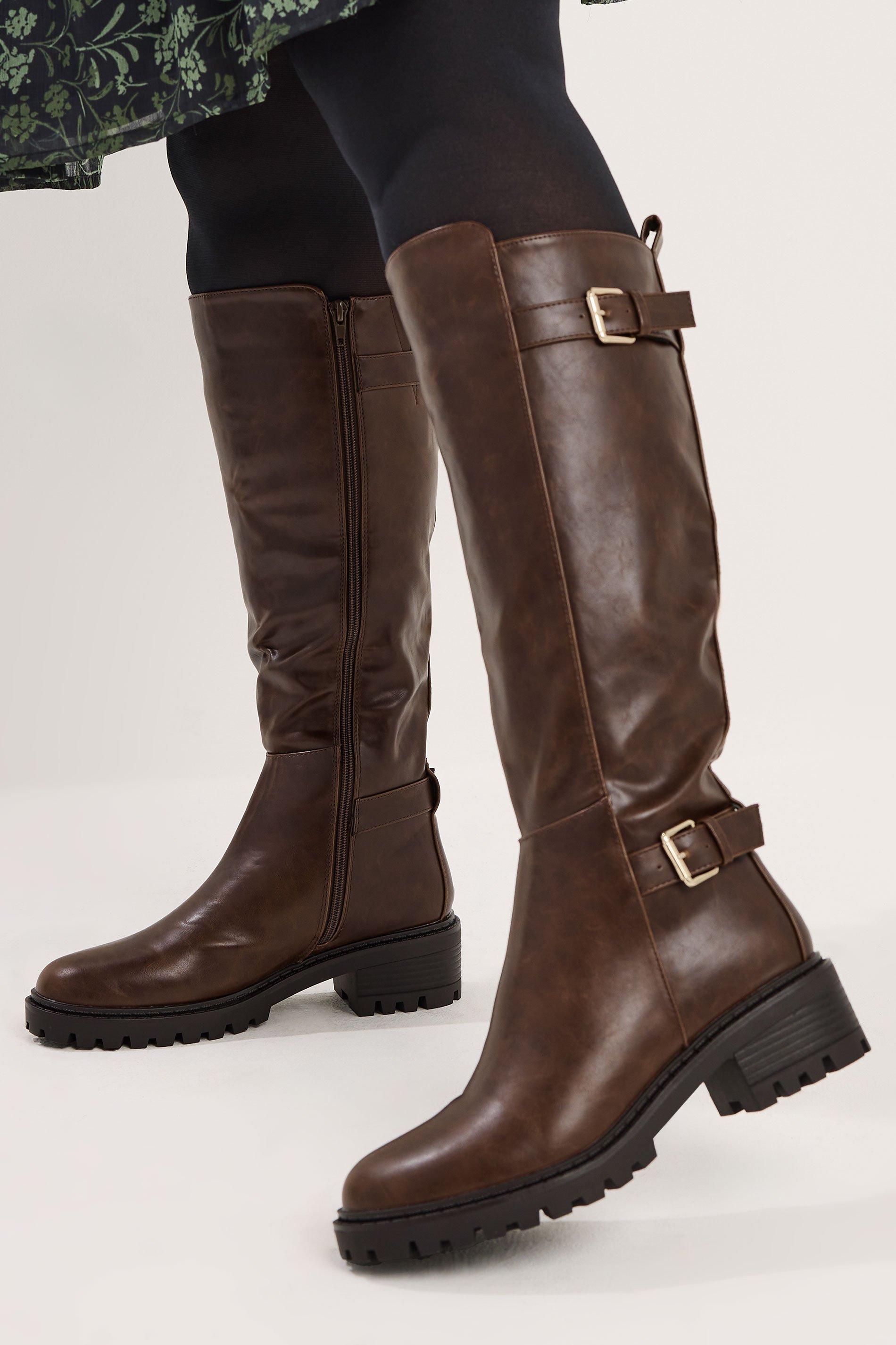 Brown Faux Leather Buckle Detail Knee High Boots In Standard Fit | Yours Clothing 1