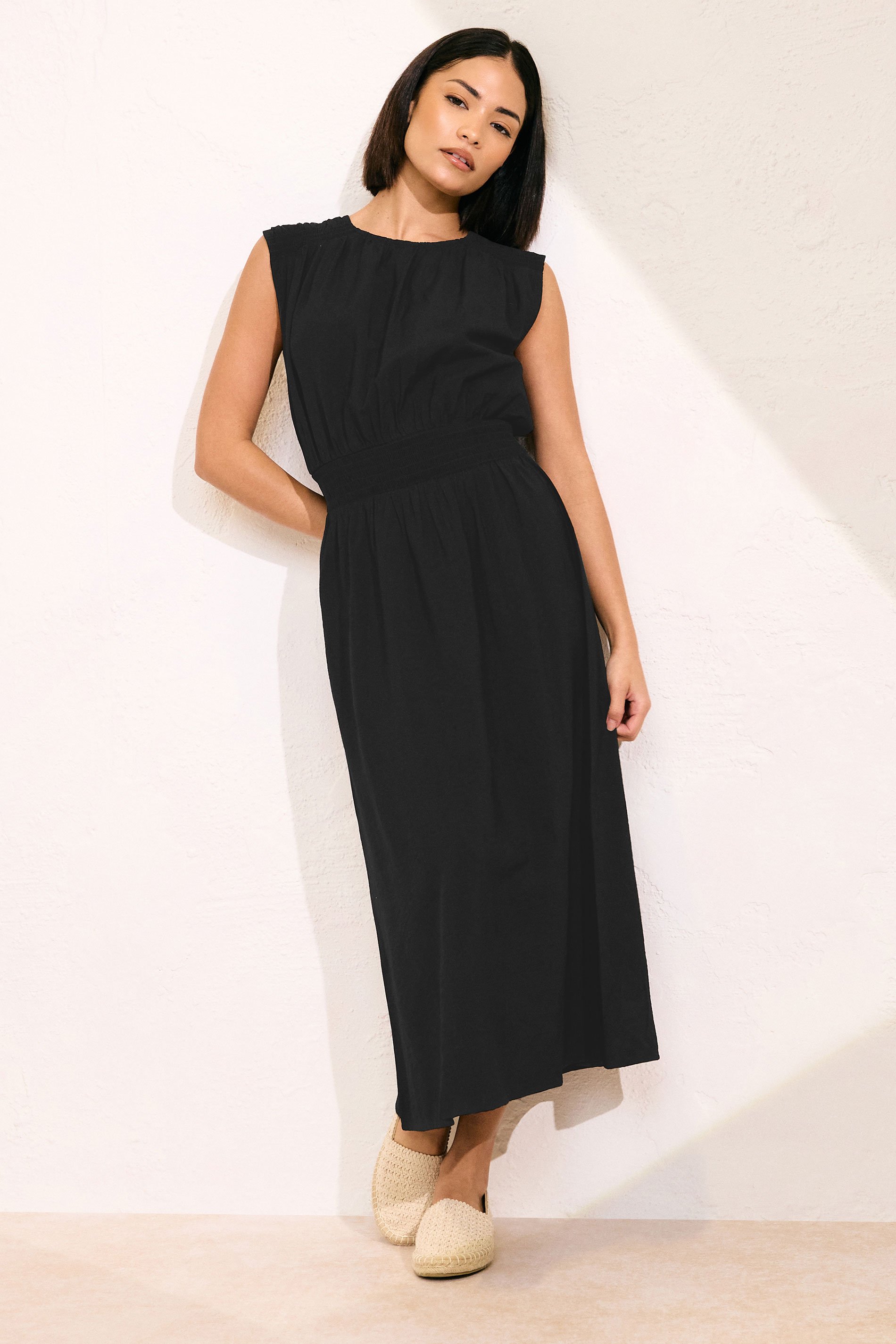 PixieGirl Petite Women's Black Shirred Waist Midi Dress | PixieGirl 1