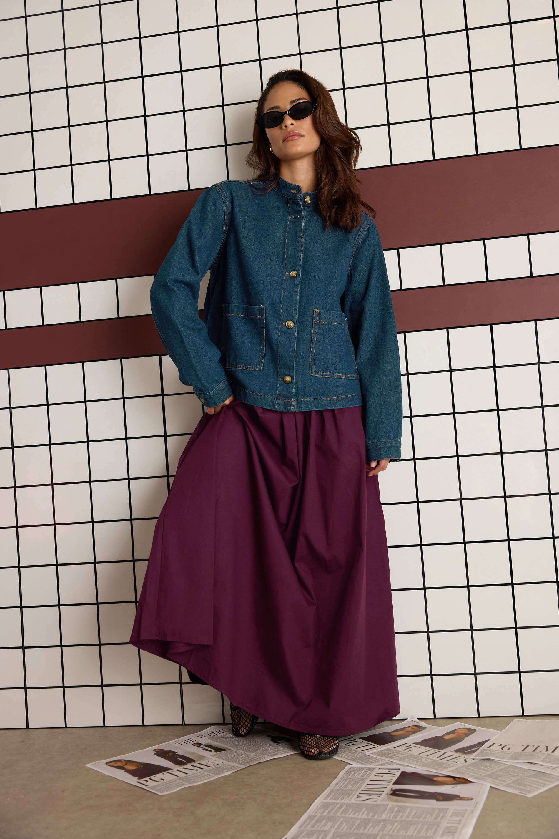 Pixiegirl Women's Red Petite Burgundy Poplin Cotton Maxi Skirt Size 14
