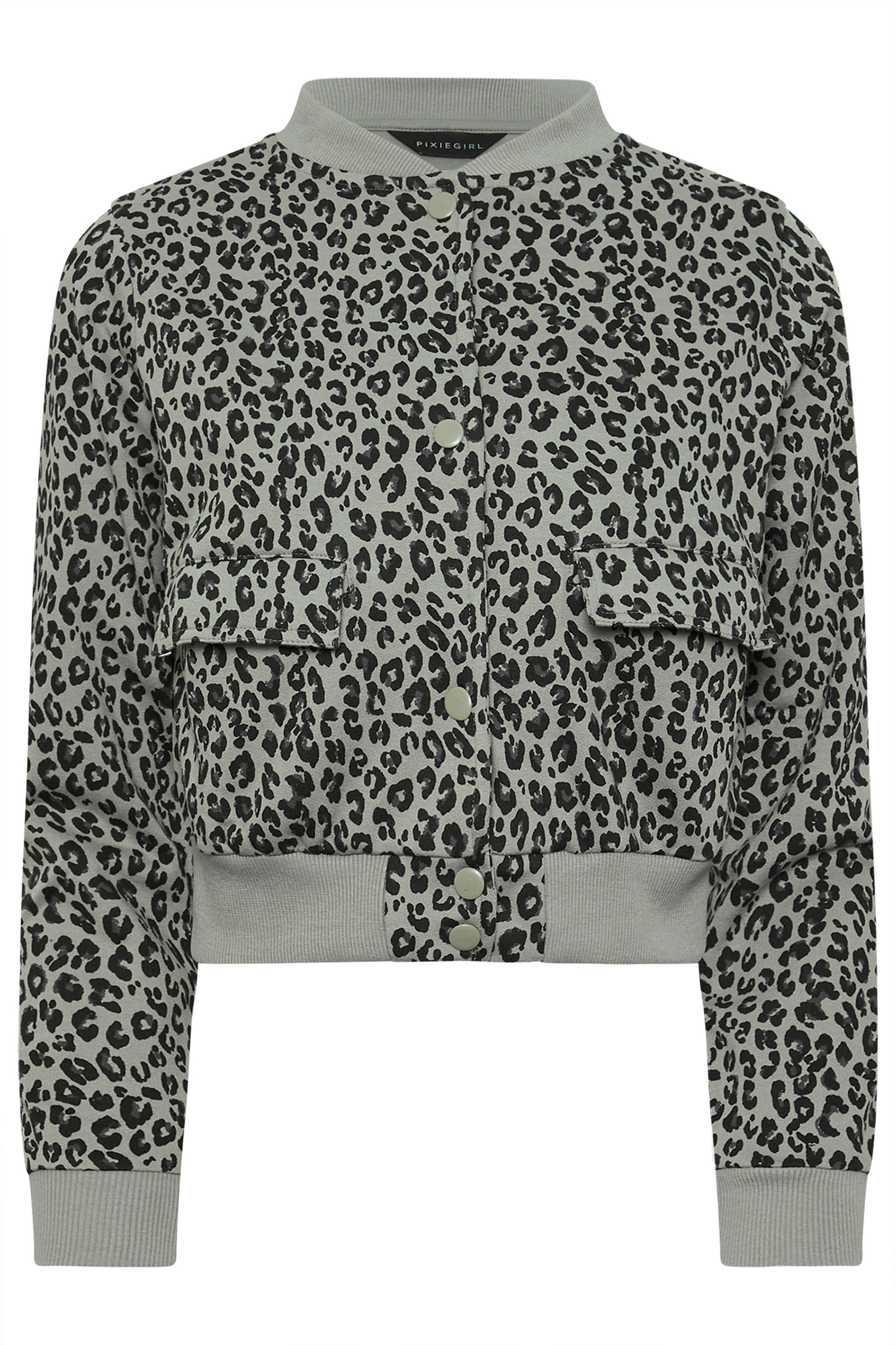 PixieGirl Grey Leopard Print Cropped Bomber Jacket | PixieGirl 6