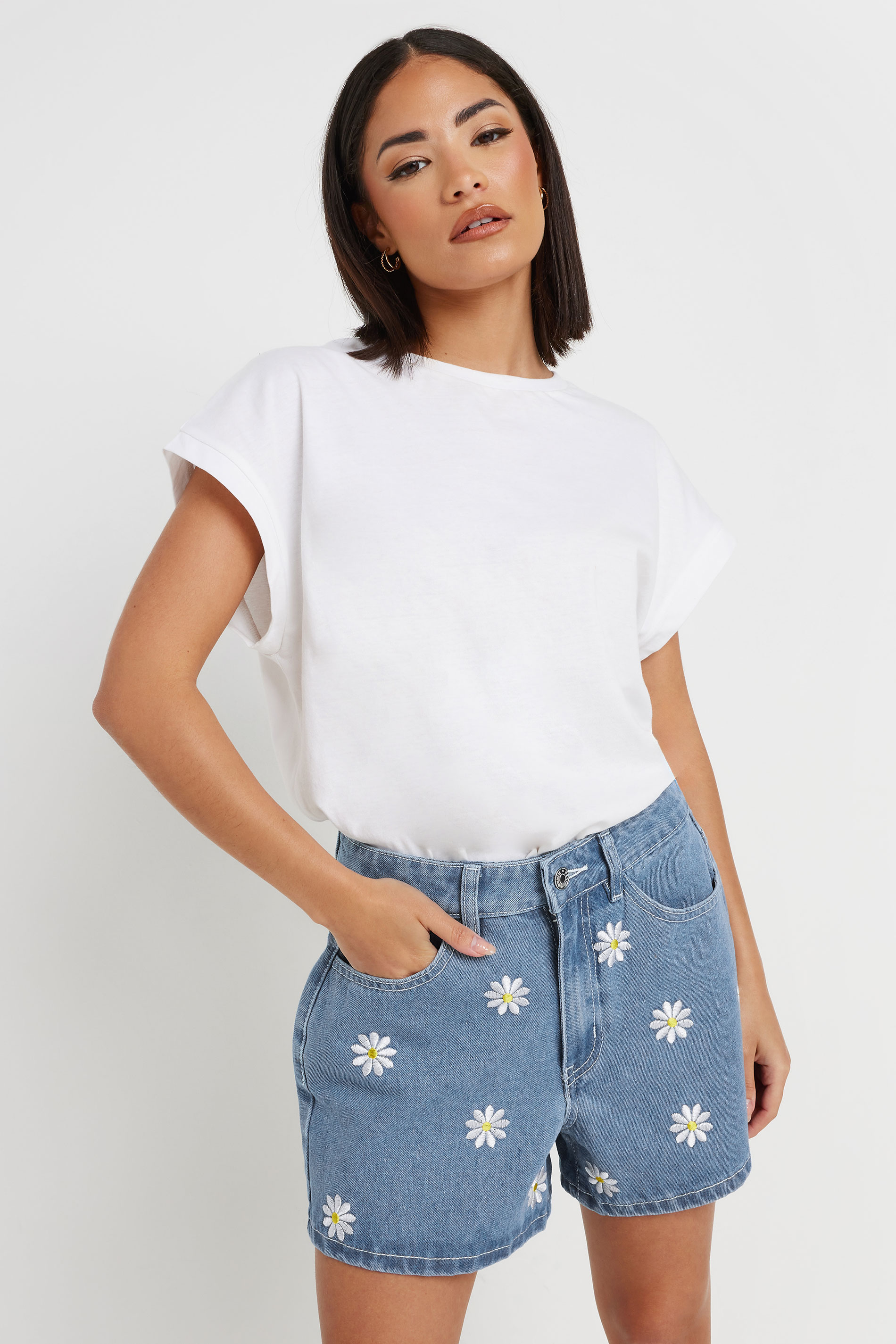 PixieGirl Petite Women's Blue Denim Daisy Embroidered Shorts | PixieGirl 1
