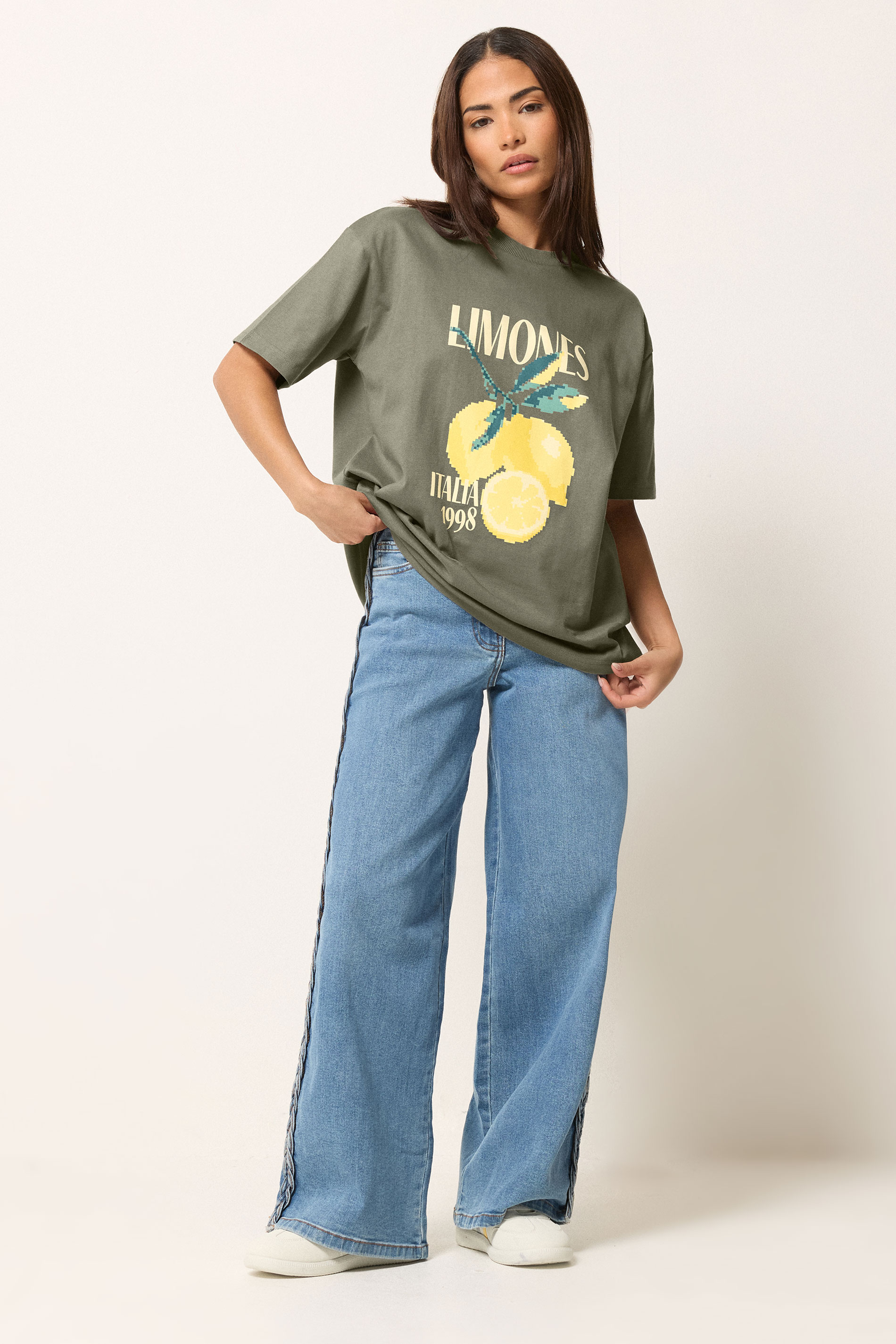 PixieGirl Petite Women's Sage Green Lemon Graphic Cotton Oversized T-Shirt | PixieGirl 1