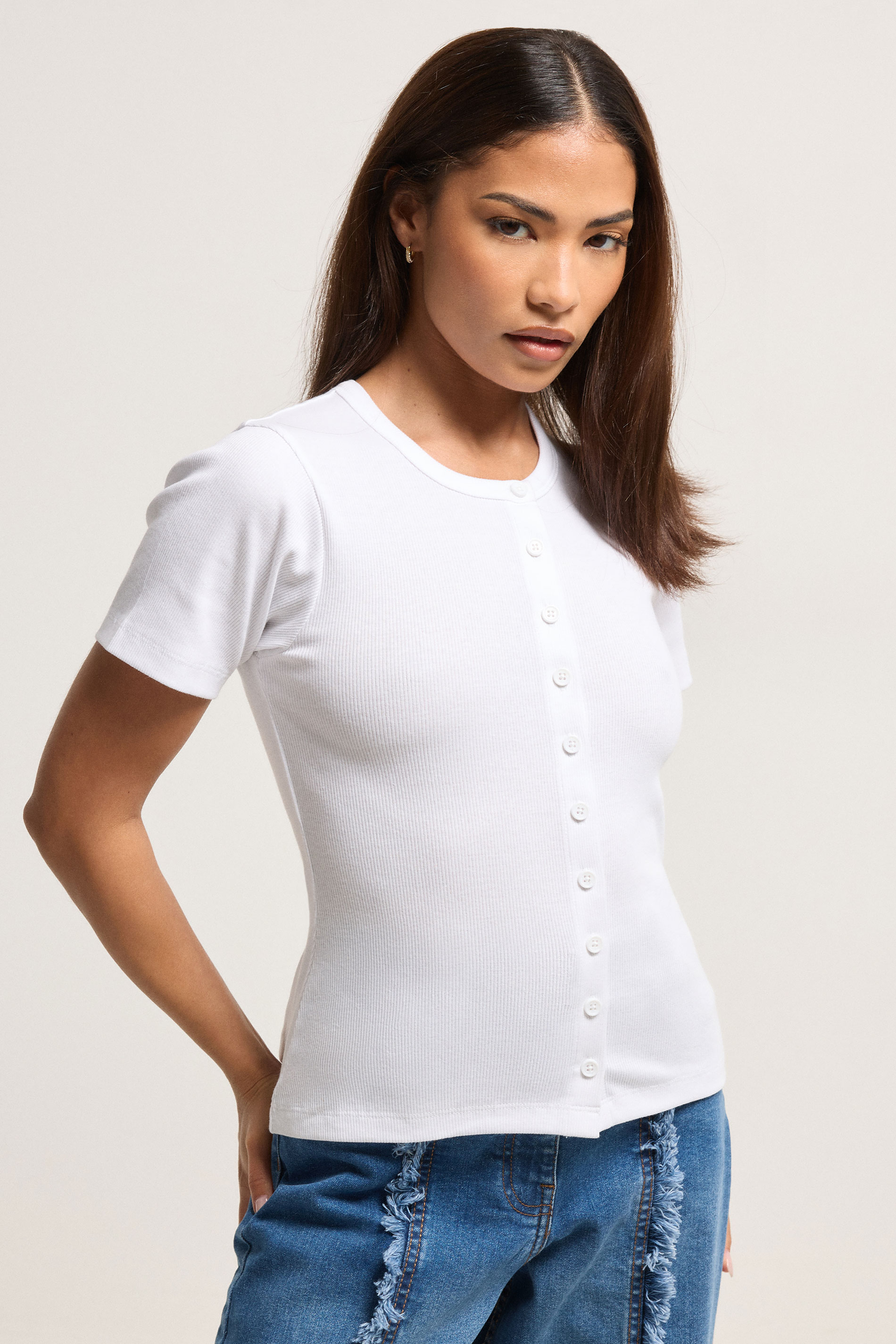 PixieGirl Petite Women's White Ribbed Cotton Button Front Top | PixieGirl 3