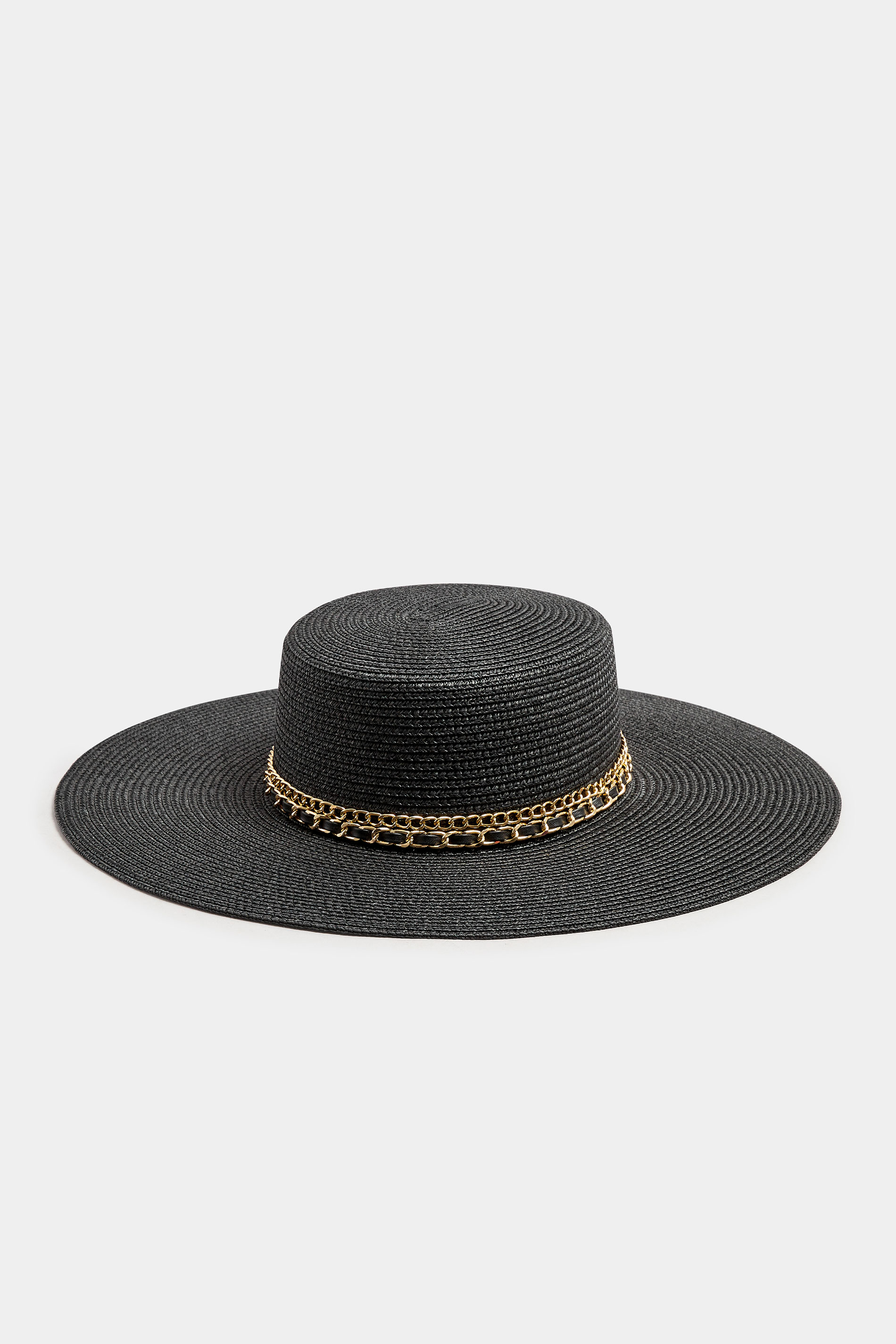 Black Chain Wide Brim Straw Hat | Yours Clothing 2