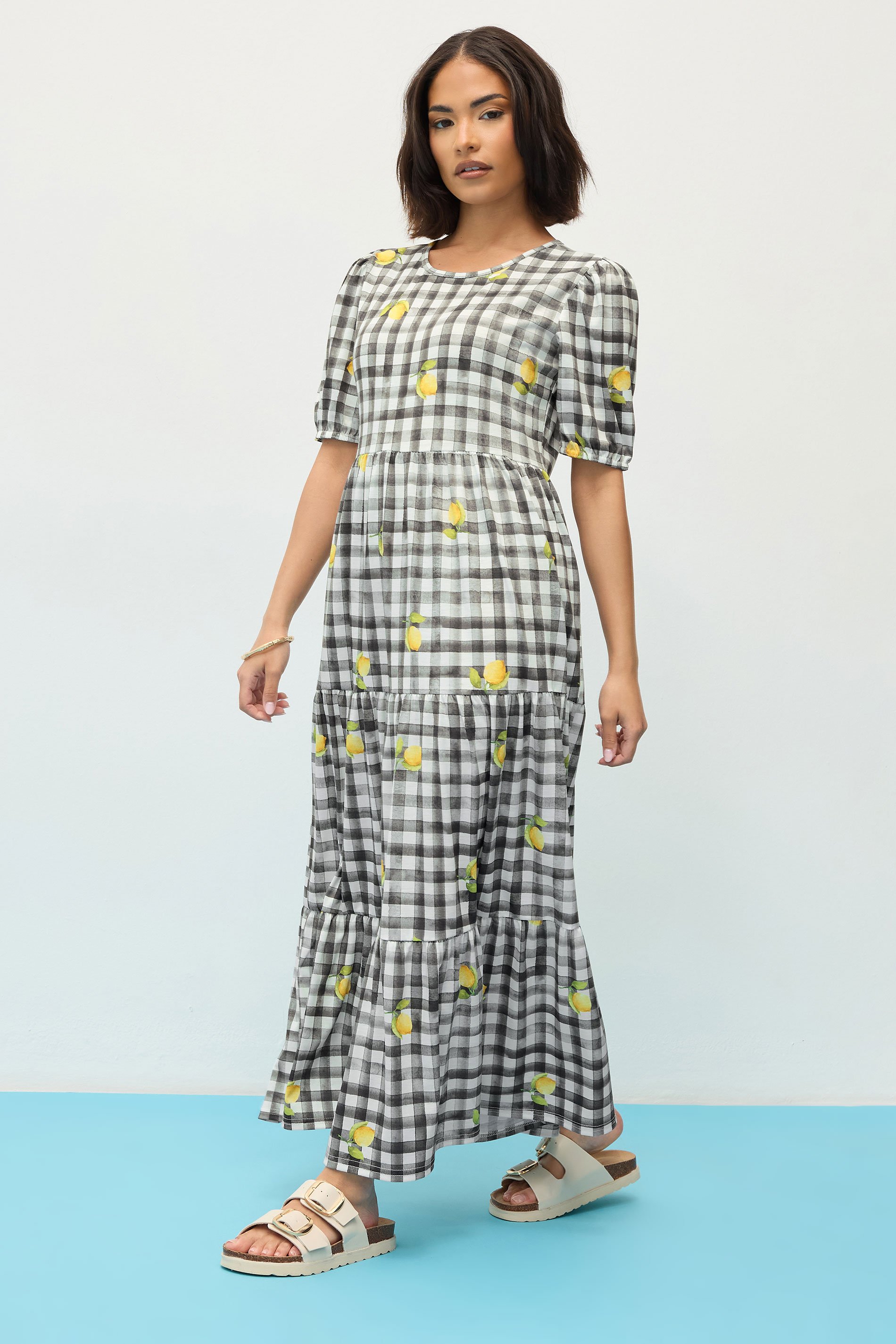 PixieGirl Petite Women's Black Lemon Gingham Graphic Tiered Smock Dress | PixieGirl 2