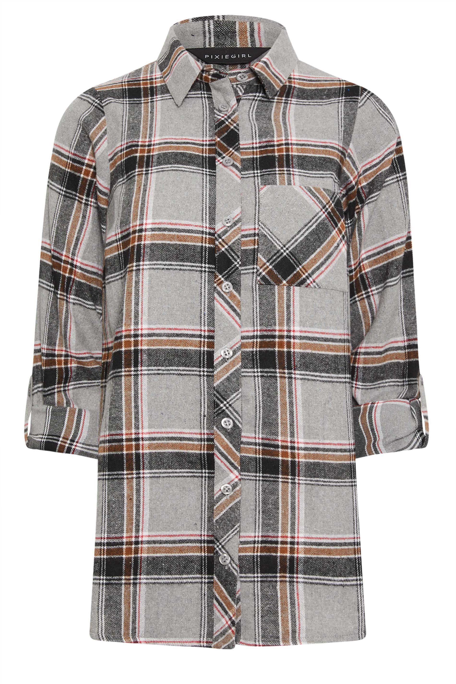 PixieGirl Grey & Orange Check Print Brushed Boyfriend Shirt | PixieGirl 6