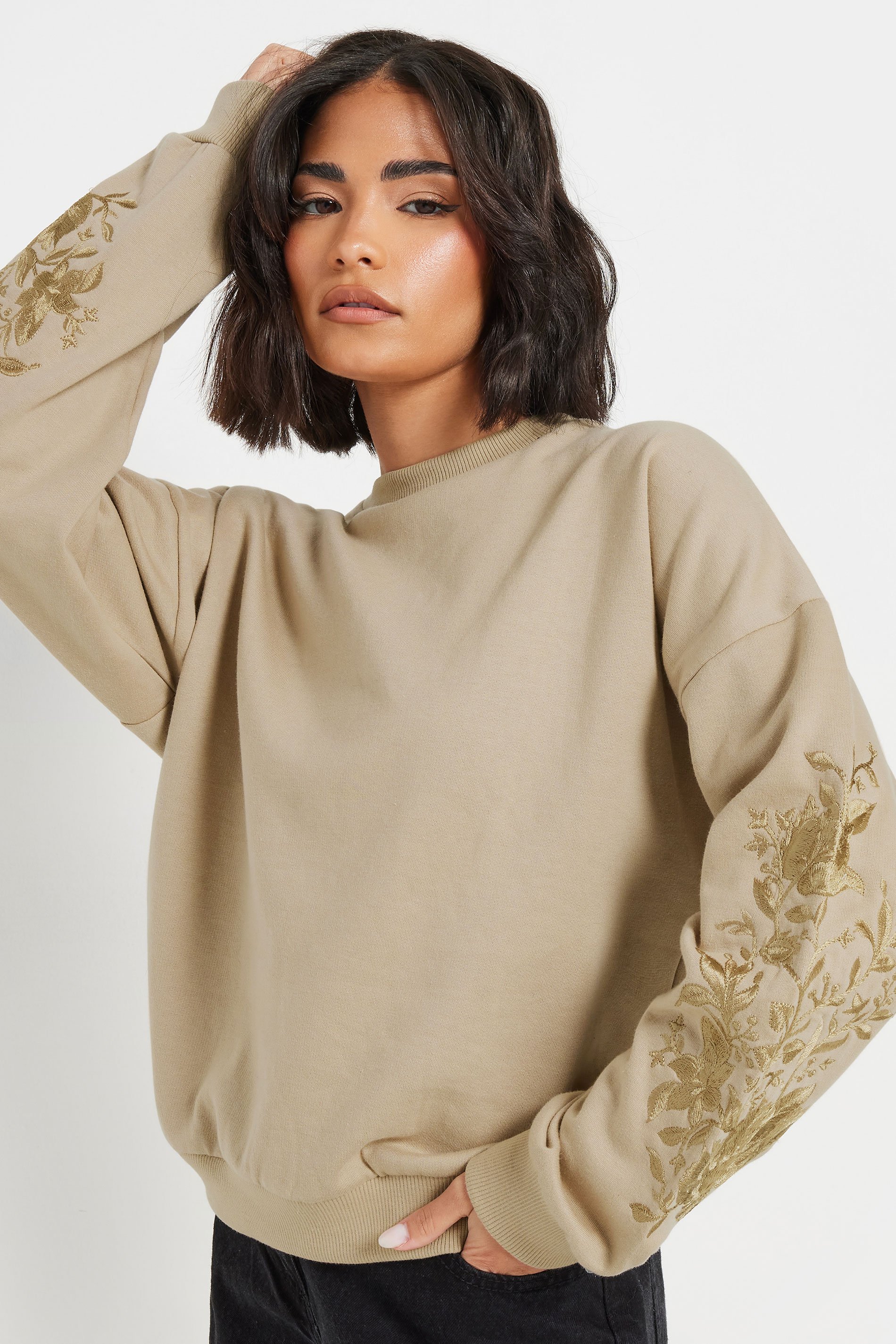 PixieGirl Petite Women's Natural Brown Floral Embroidered Sweatshirt | PixieGirl 2