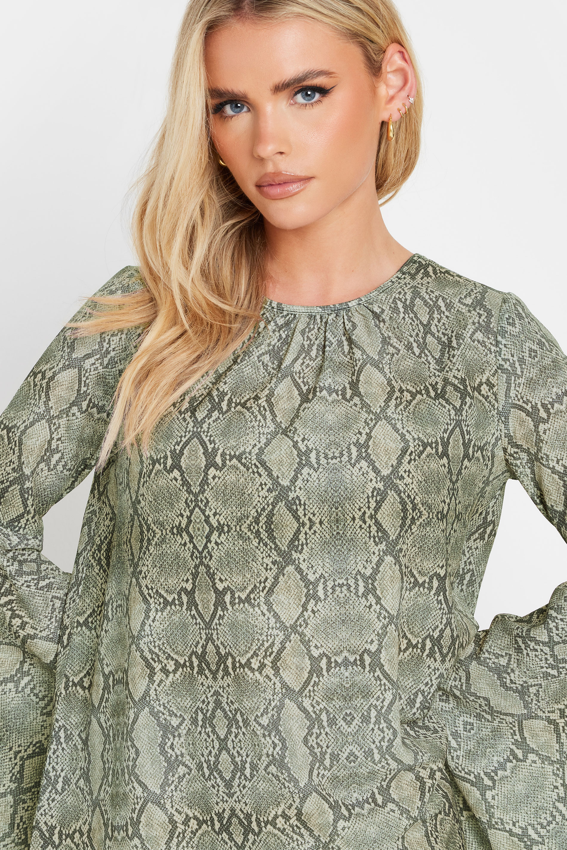 PixieGirl Petite Women's Grey Woven Snake Print Bell Sleeve Mini Dress | PixieGirl 4