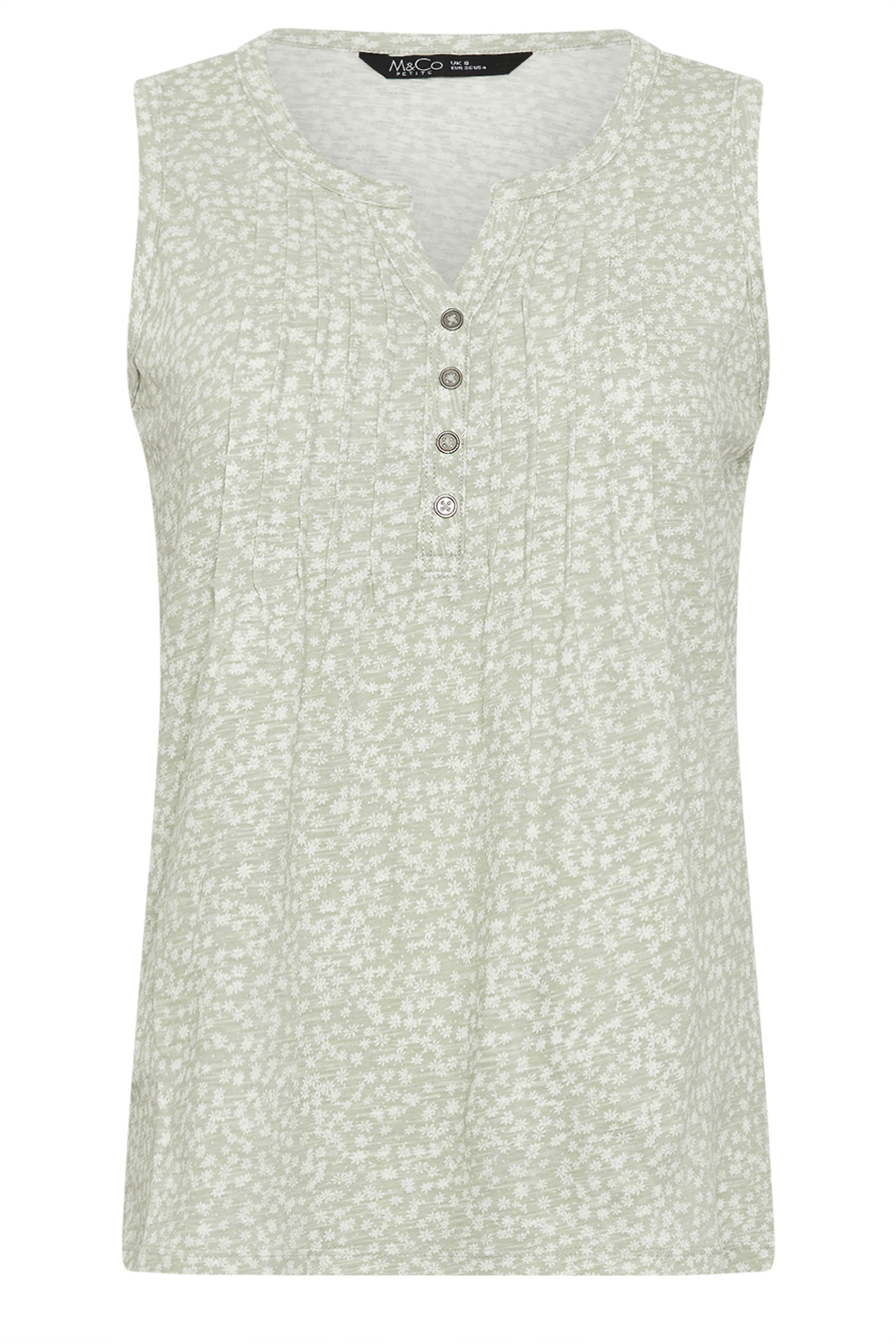 M&Co Petite Sage Green Ditsy Floral Print Sleeveless Cotton Henley Top | M&Co 5