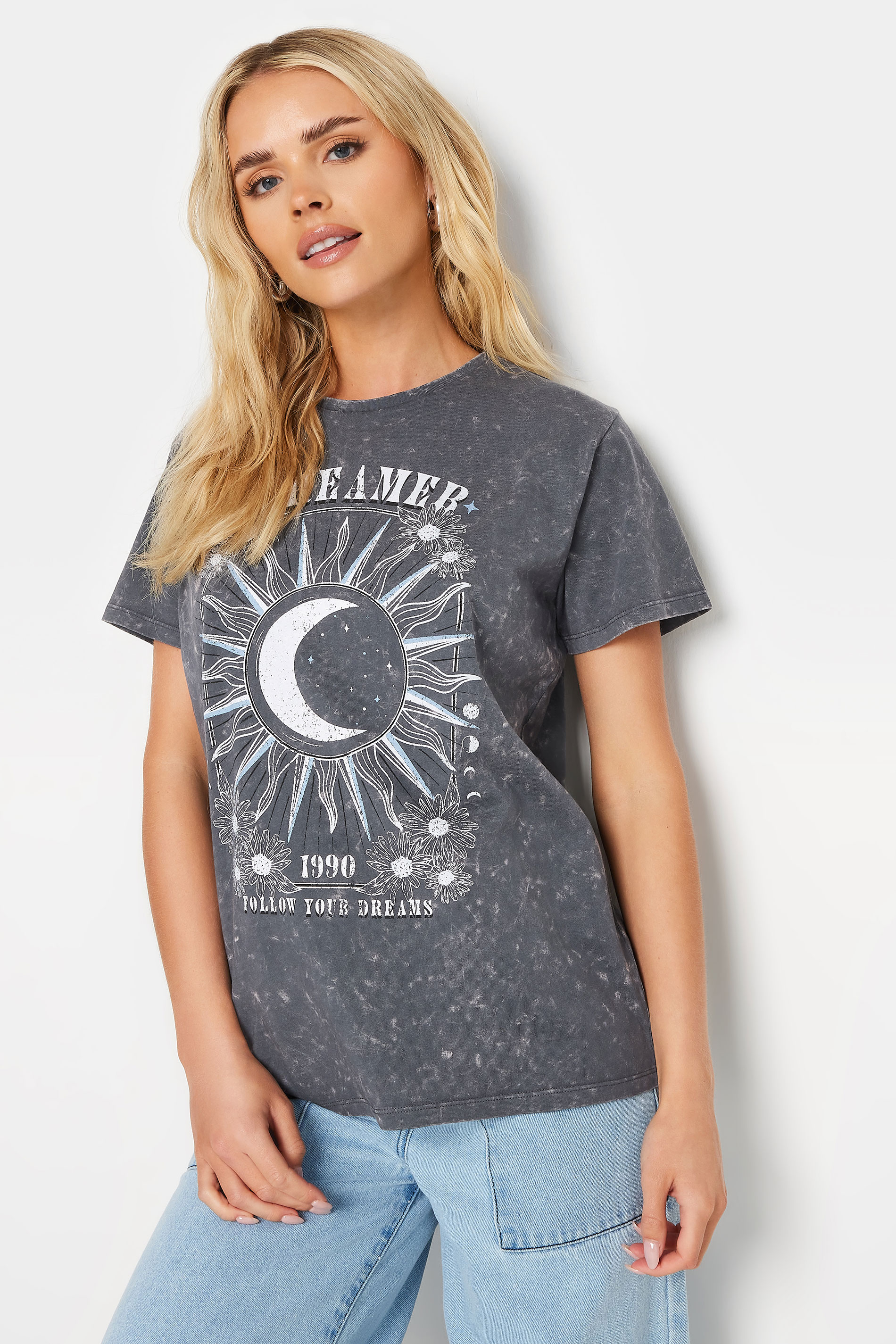 PixieGirl Petite Womens Charcoal Grey 'Dreamer' Slogan T-Shirt | PixieGirl  1