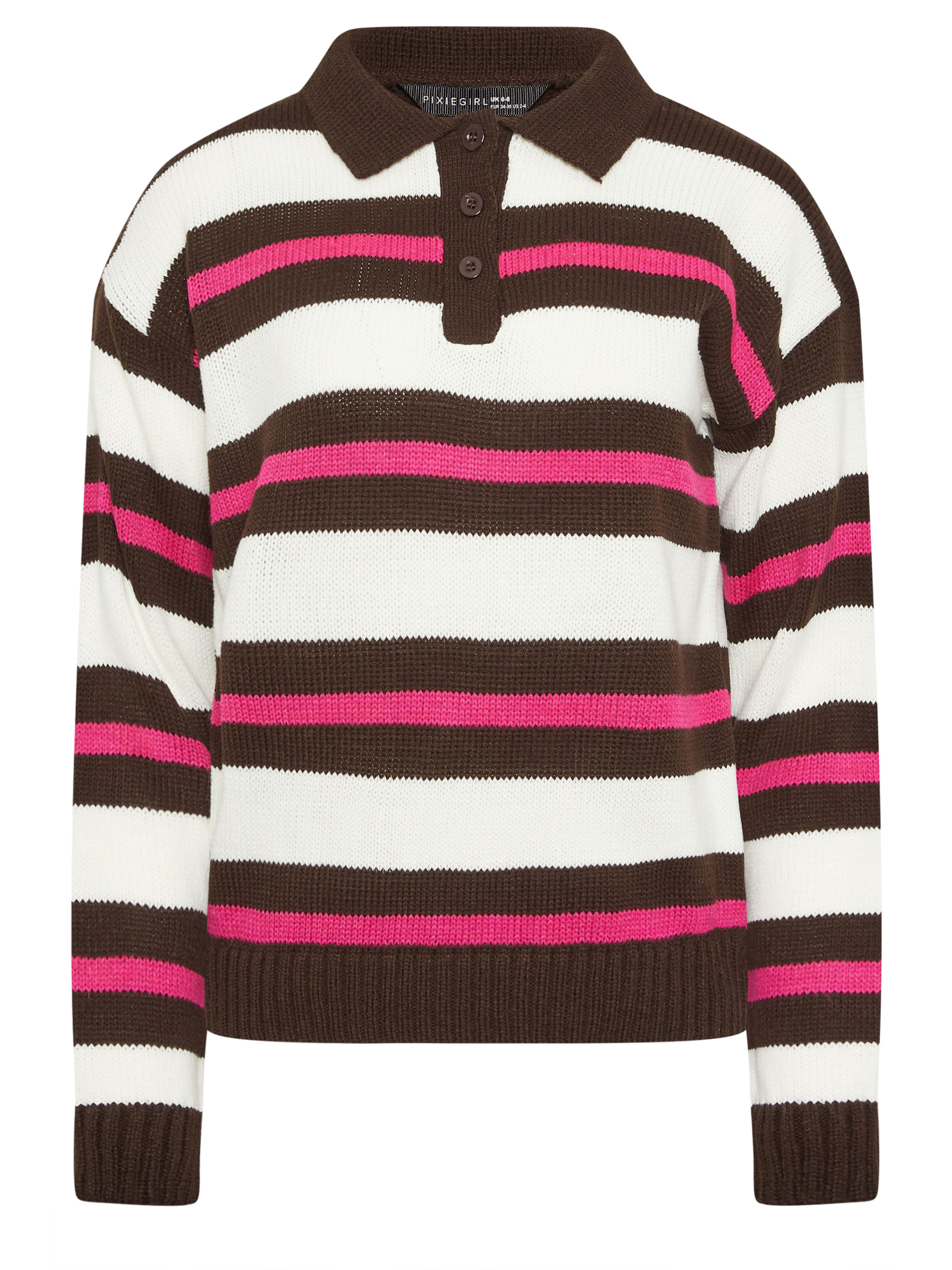 PixieGirl Petite Women's Brown Stripe Knitted Rugby Jumper | PixieGirl 1