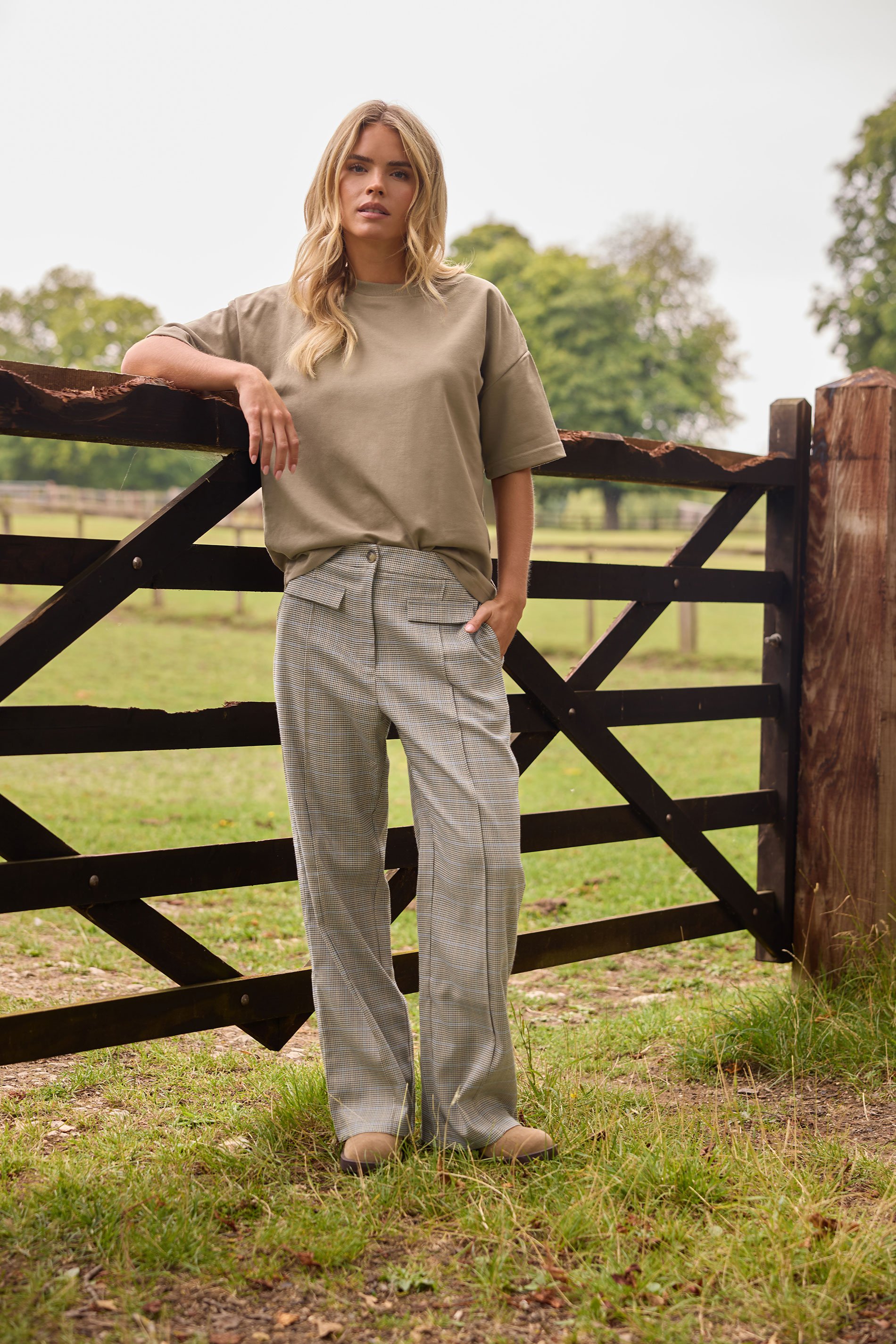 PixieGirl Petite Women's Brown Check Pocket Front Wide Leg Trouser | PixieGirl 1