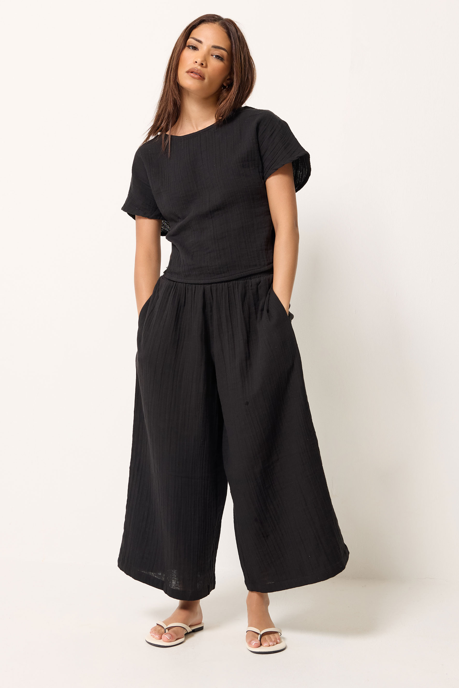 Pixiegirl Women's Black Petite Set Cotton Cheesecloth Top & Cropped Trousers Size 14