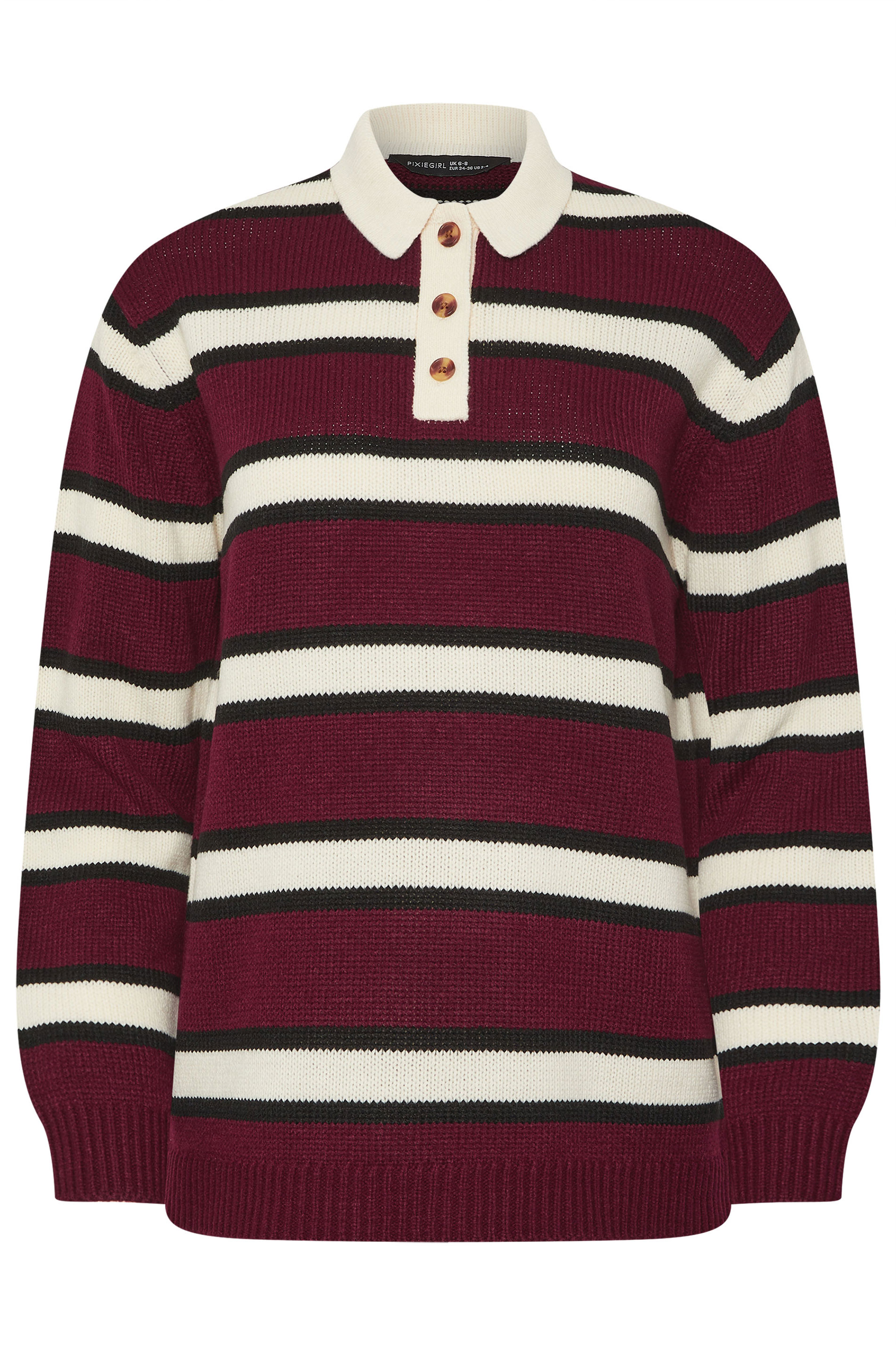 PixieGirl Petite Women's Burgundy Red Stripe Rugby Jumper | PixieGirl 7