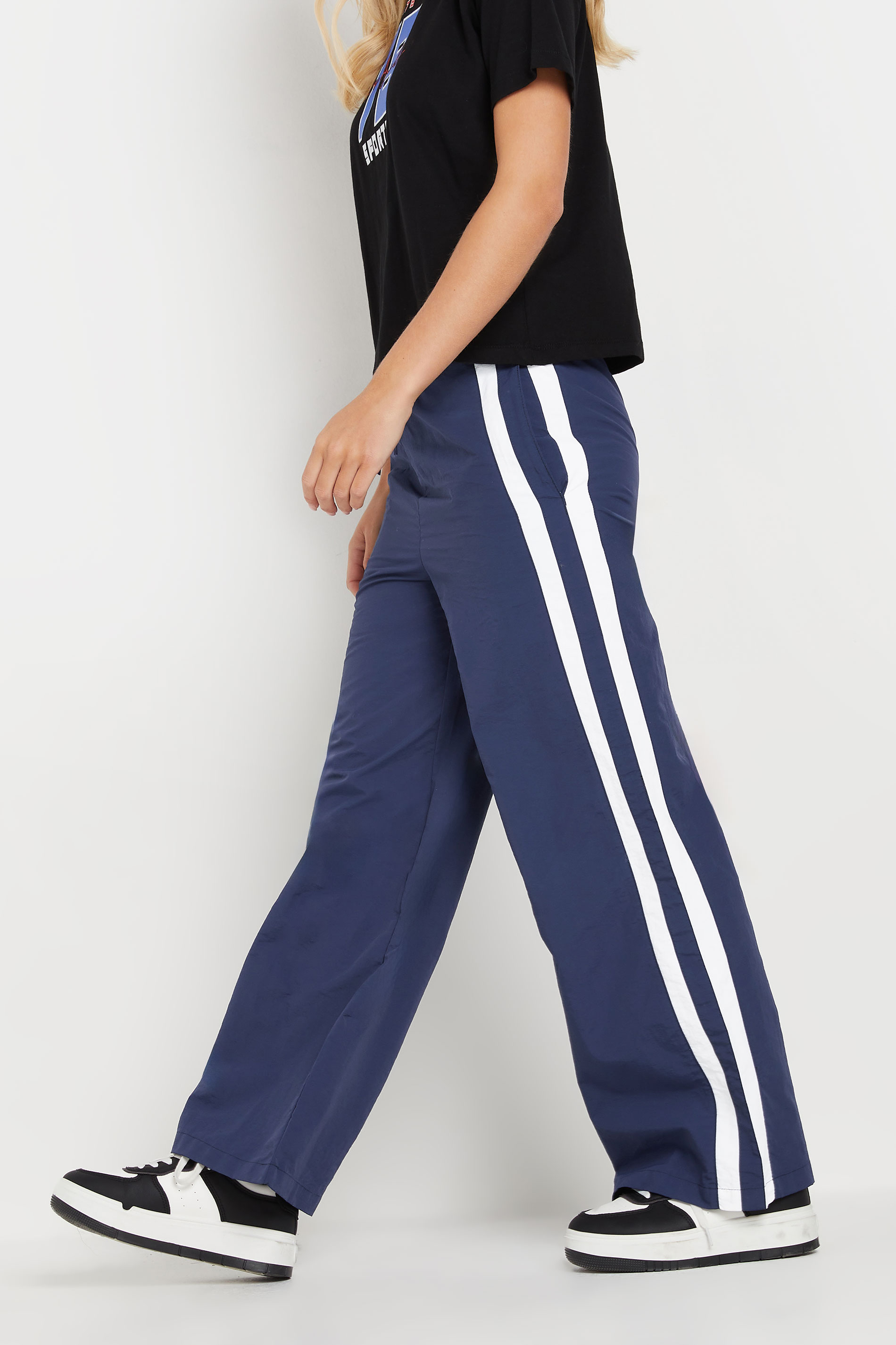 PixieGirl Petite Women's Navy Blue Side Stripe Parachute Wide Leg Trousers | PixieGirl 3