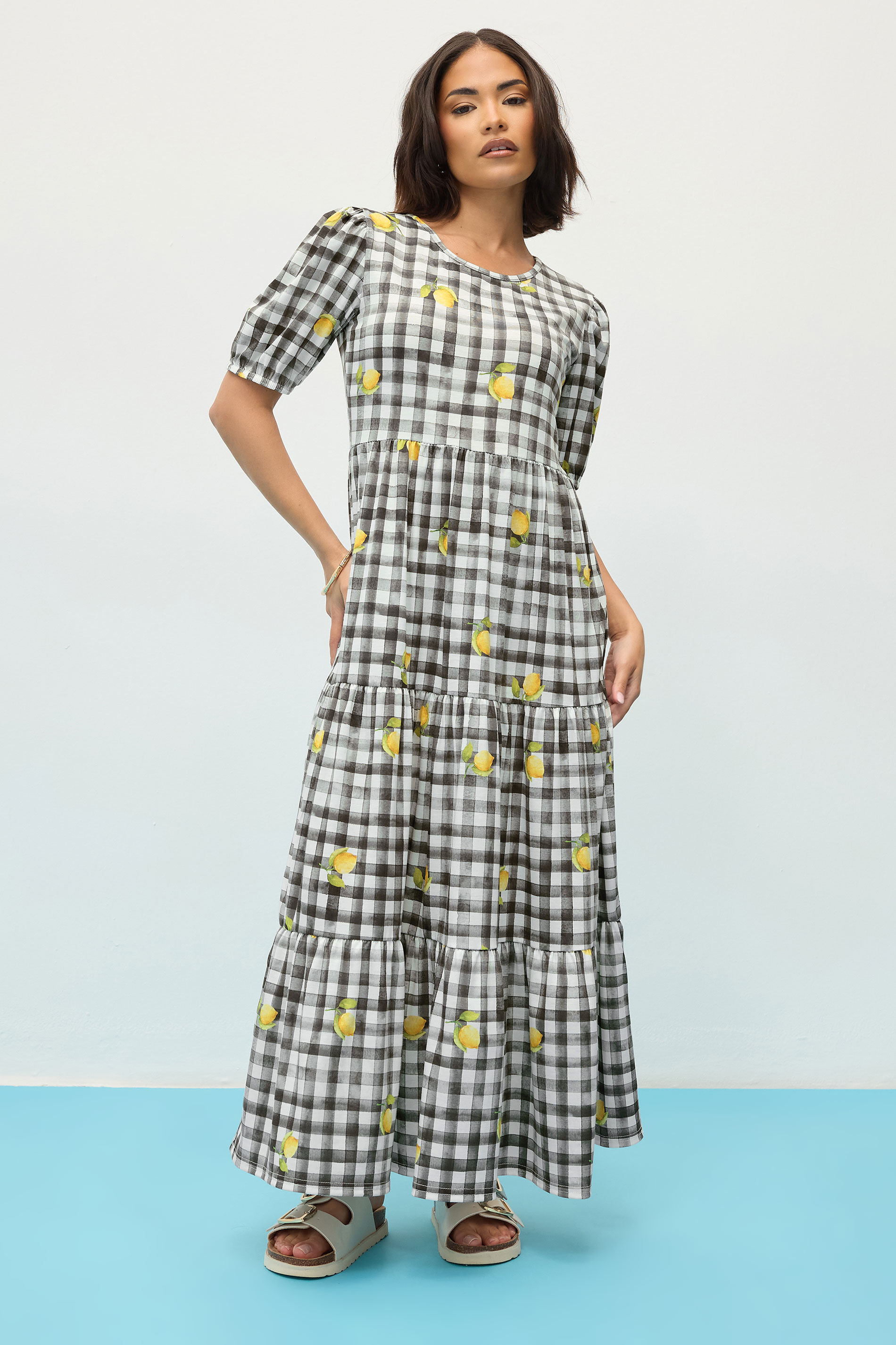 PixieGirl Petite Women's Black Lemon Gingham Graphic Tiered Smock Dress | PixieGirl 1