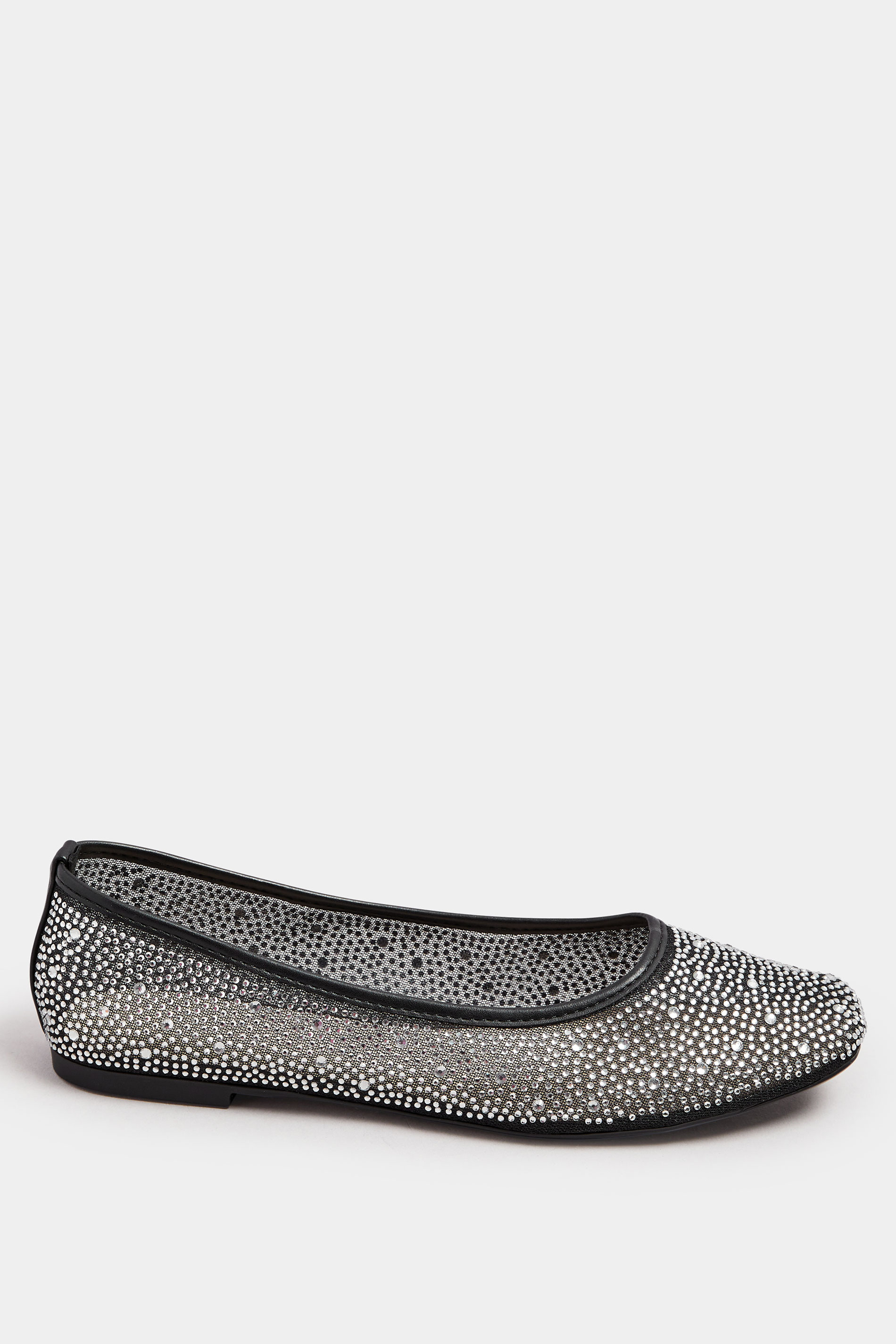 Black Mesh Diamante Embellished Ballerina Pumps In Wide E Fit | Yours Clothing 3