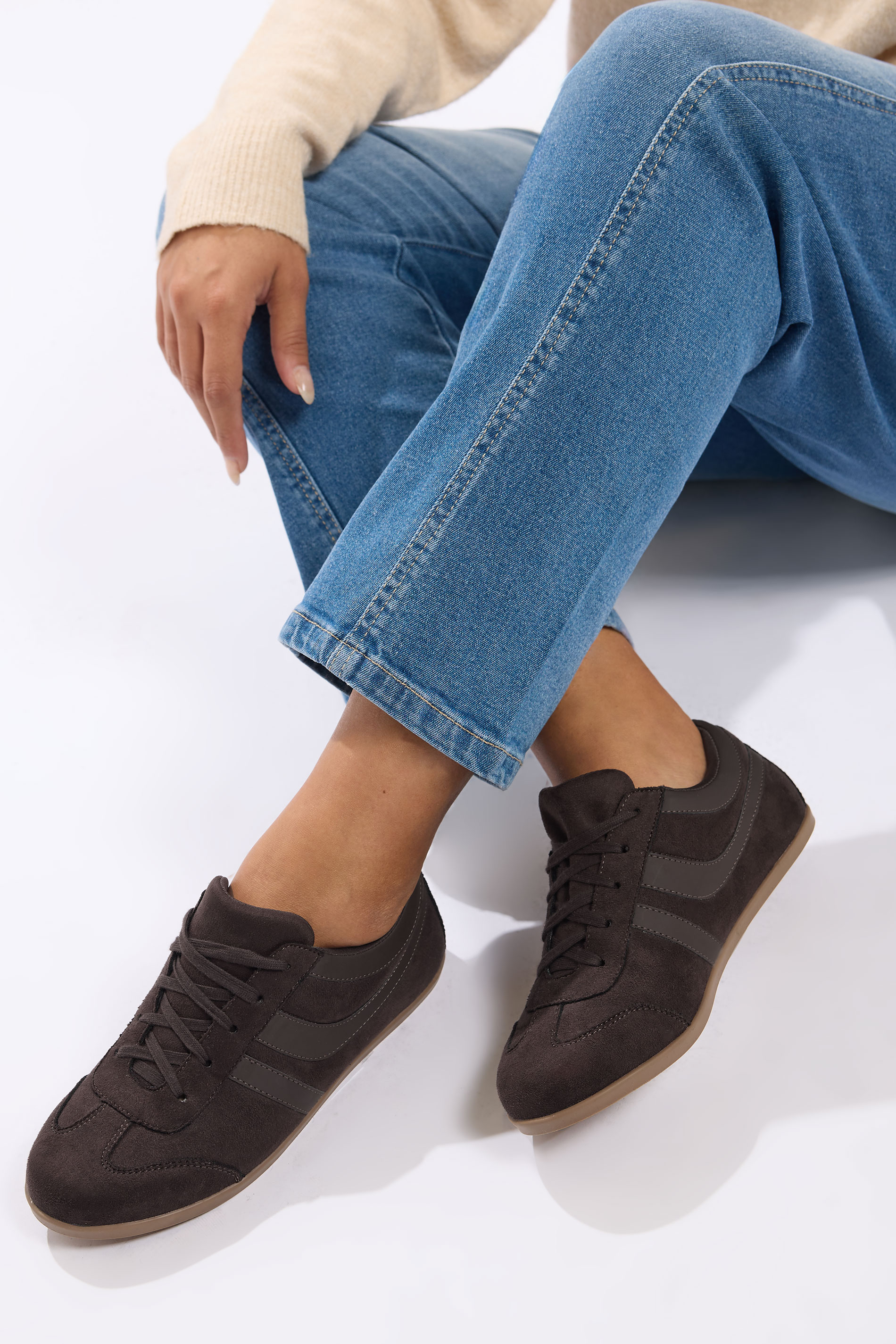 Brown Low Retro Stripe Trainers In Extra Wide EEE Fit | Yours Clothing 1