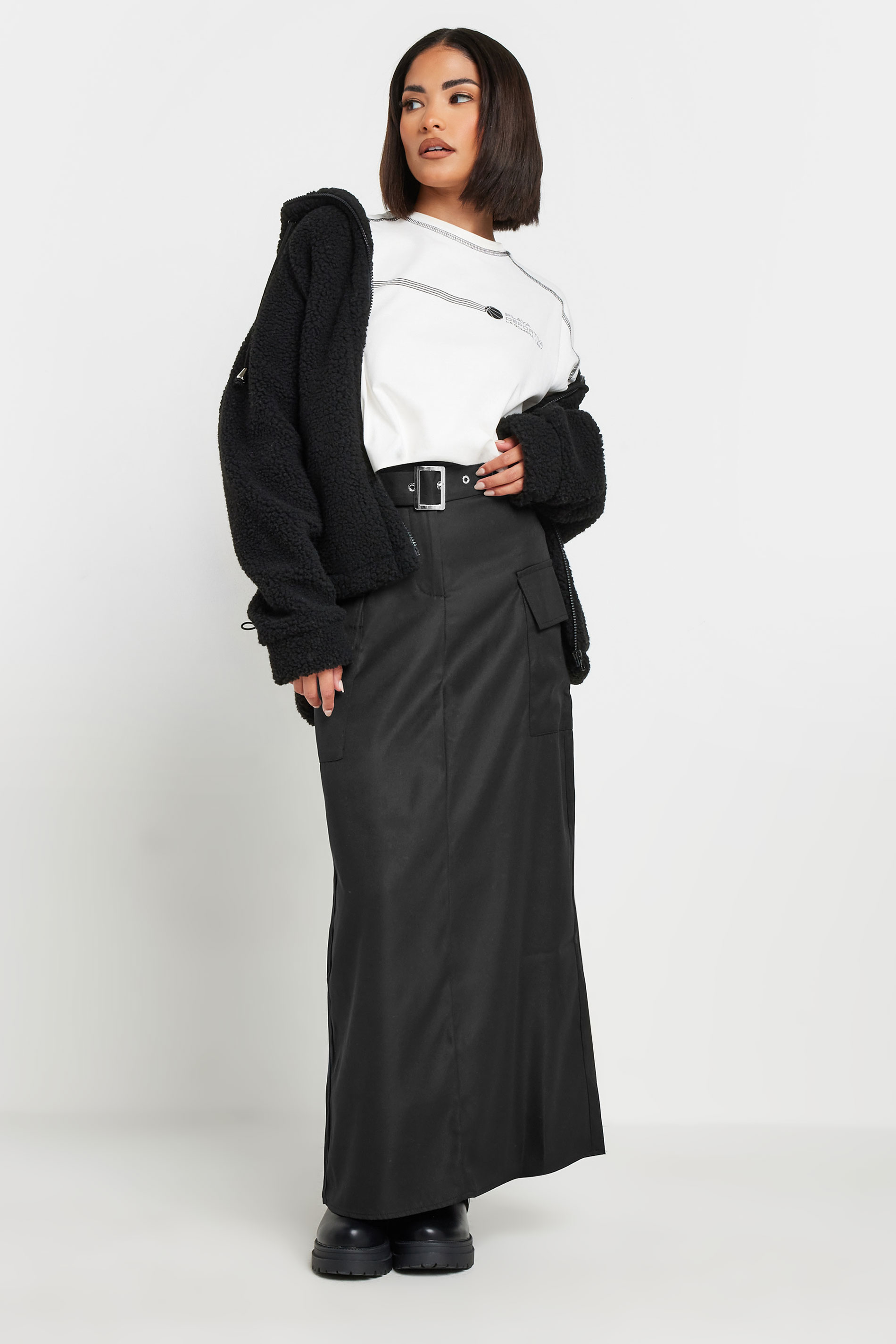 PixieGirl Petite Womens Black Belted Utility Maxi Skirt | PixieGirl 1
