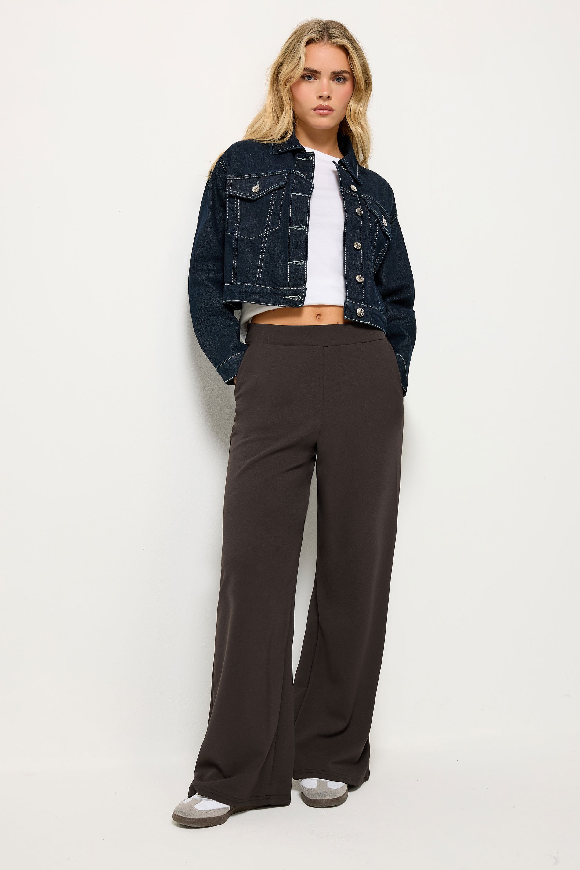 PixieGirl Petite Women's Chocolate Brown Scuba Wide Leg Trousers  1