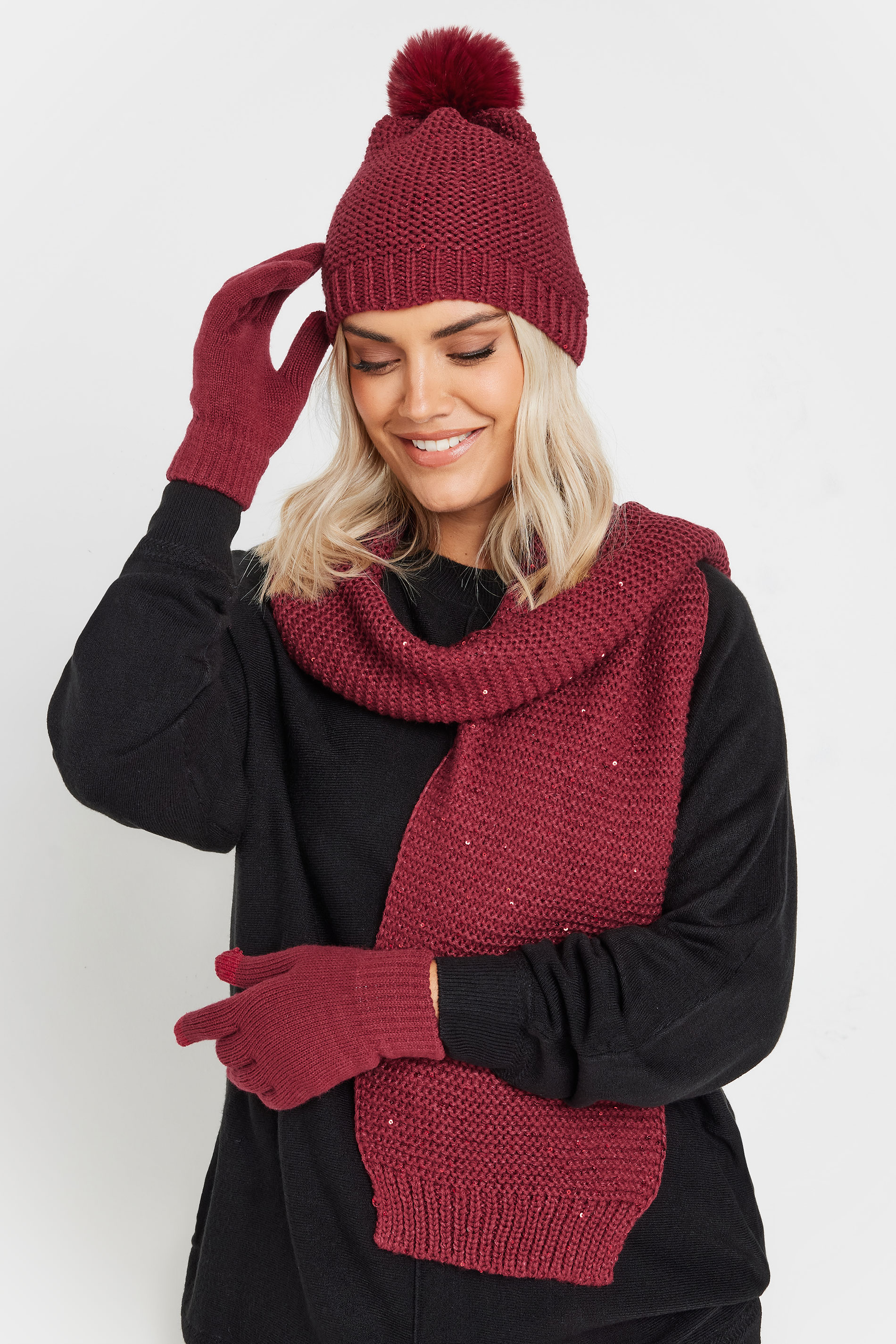 Red Sequin Knitted Hat Gloves & Scarf Set | Yours Clothing 1