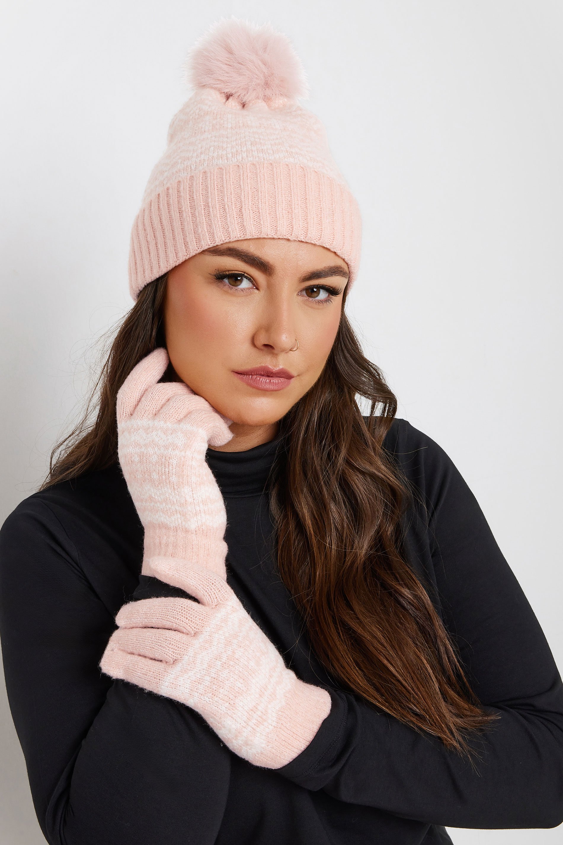Pink Fairisle Bobble Hat & Glove Set | Yours Clothing  1