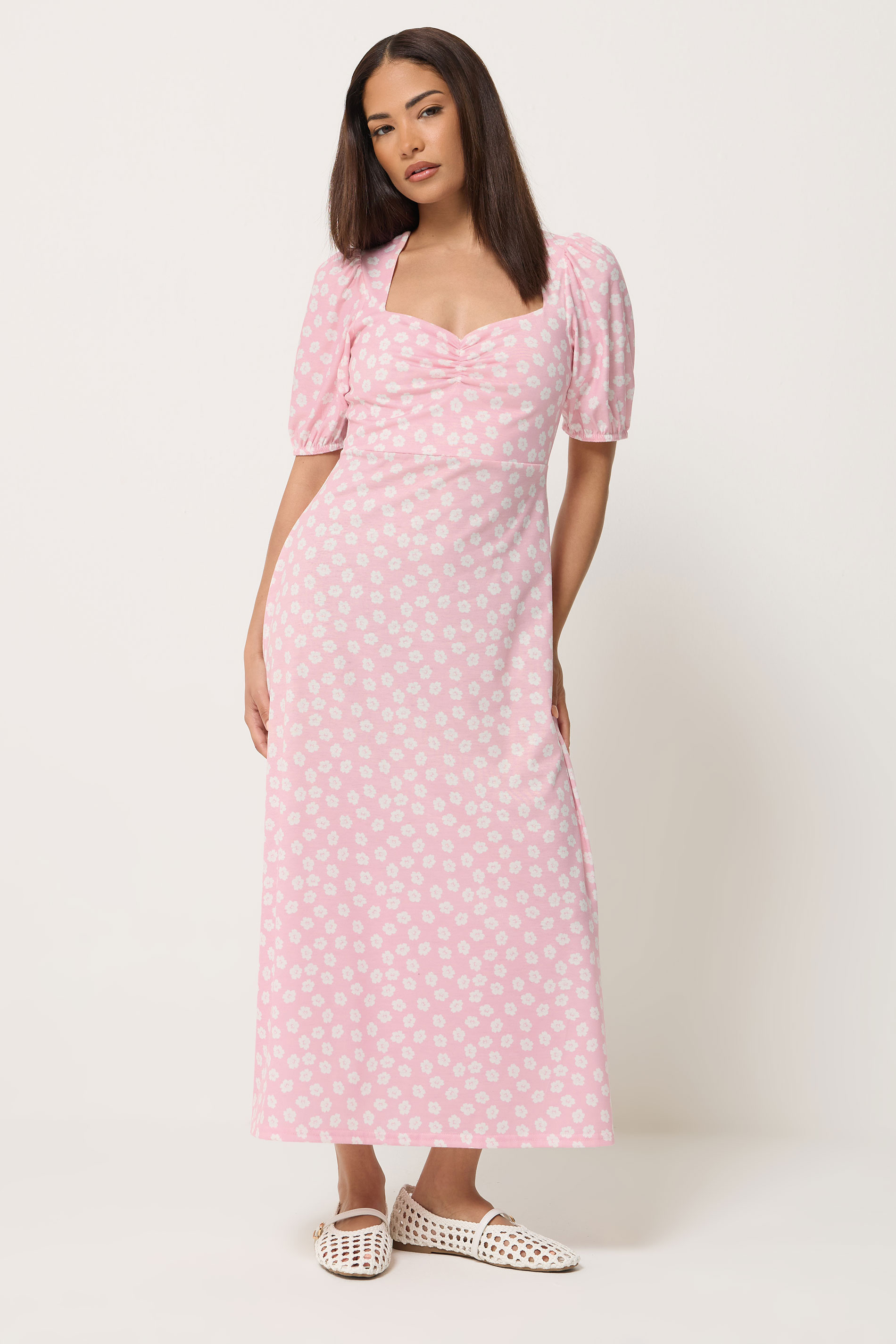 PixieGirl Petite Women's Pink Floral Ruched Midi Dress | PixieGirl 3